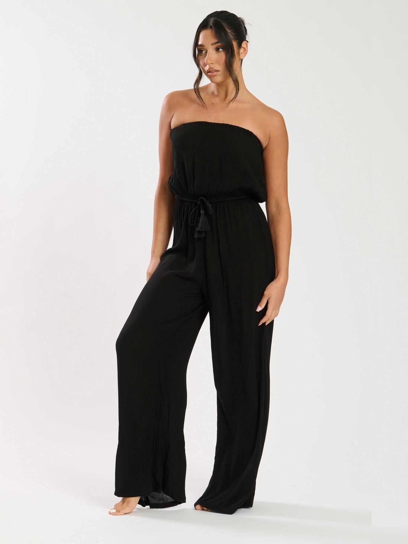 Image 3 of 5 of South Beach Crinkle Viscose Strapless Jumpsuit - Black
