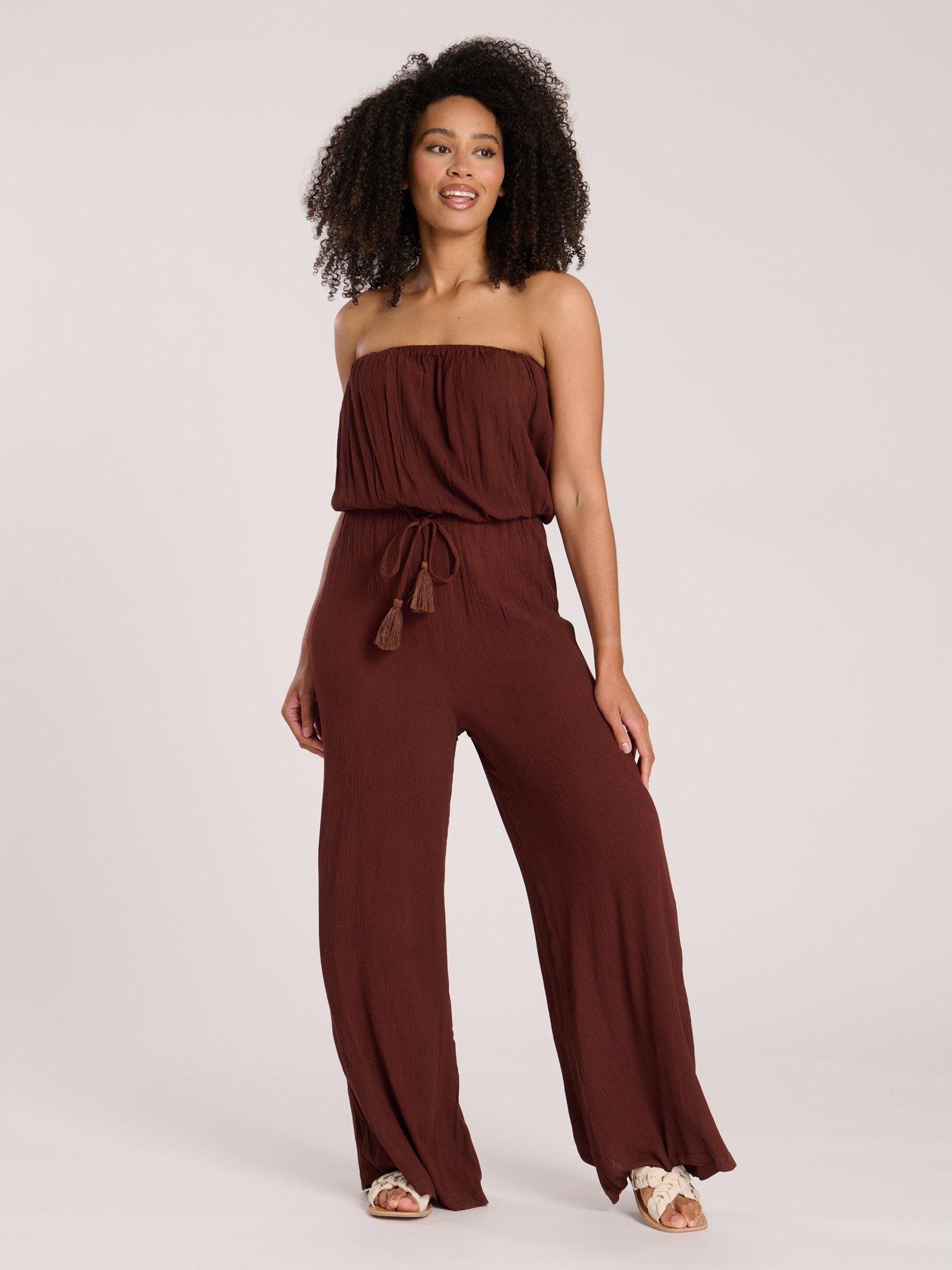 Image 1 of 3 of South Beach Crinkle Viscose Strapless Jumpsuit - Burgundy