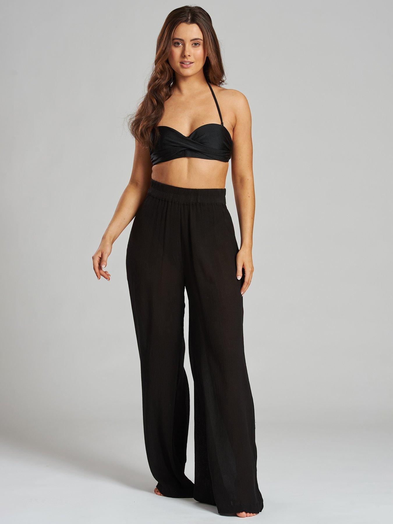 South Beach Crinkle Vicose Wide Leg Trousers, Black, Size 12, Women
