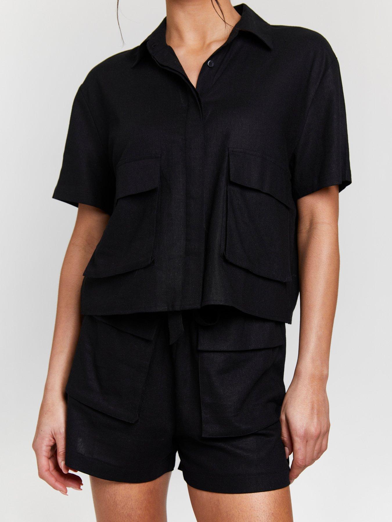 Image 4 of 5 of South Beach Linen Blend Short Sleeve Utility Shirt - Black