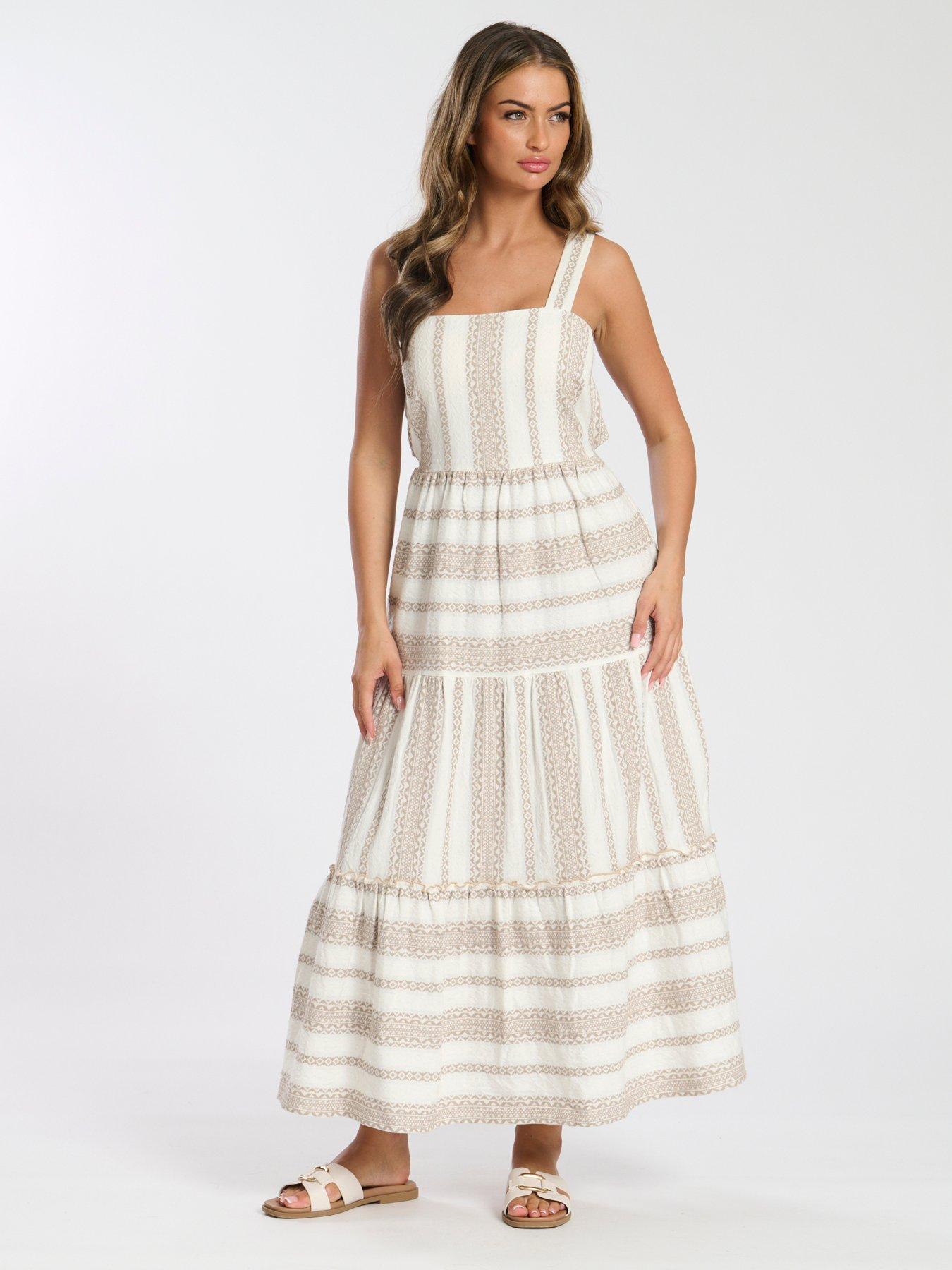 undefined Square Neck Jacquard Maxi Dress - Beige