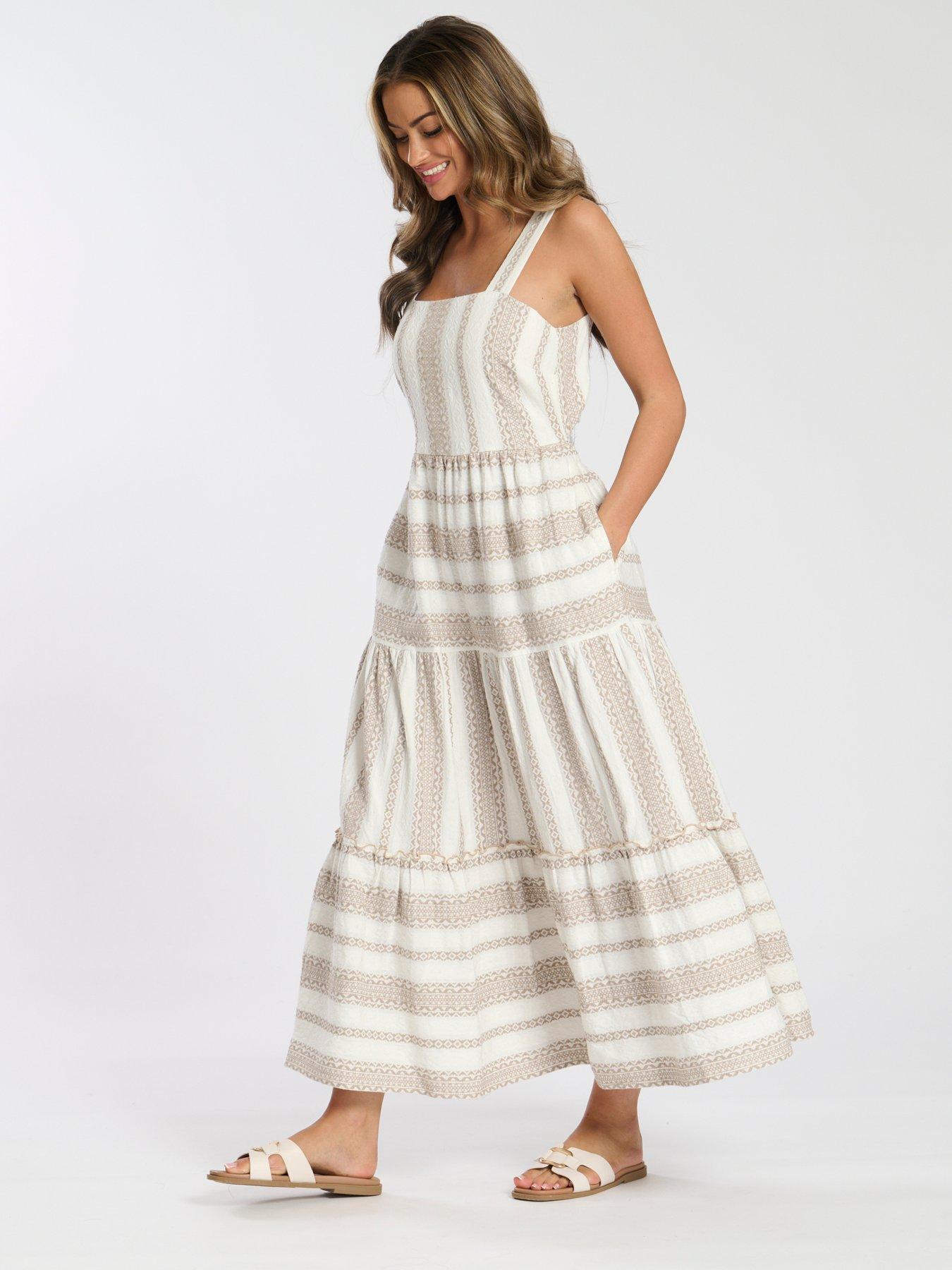 Image 2 of 4 of South Beach Square Neck Jacquard Maxi Dress - Beige