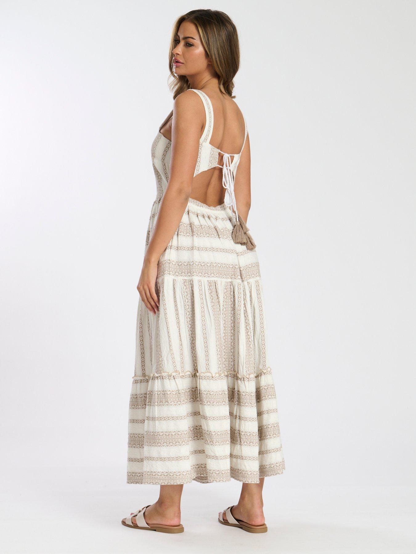 Image 4 of 4 of South Beach Square Neck Jacquard Maxi Dress - Beige