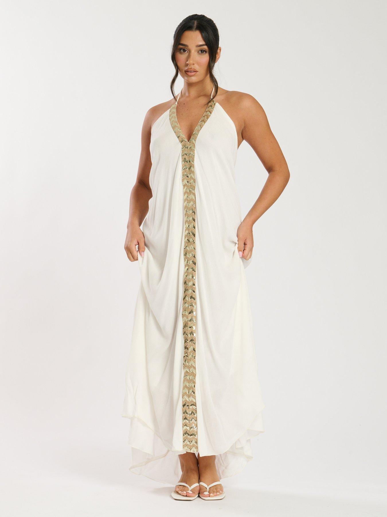 South Beach V Neck Sequin Detail Halter Maxi Dress White Very