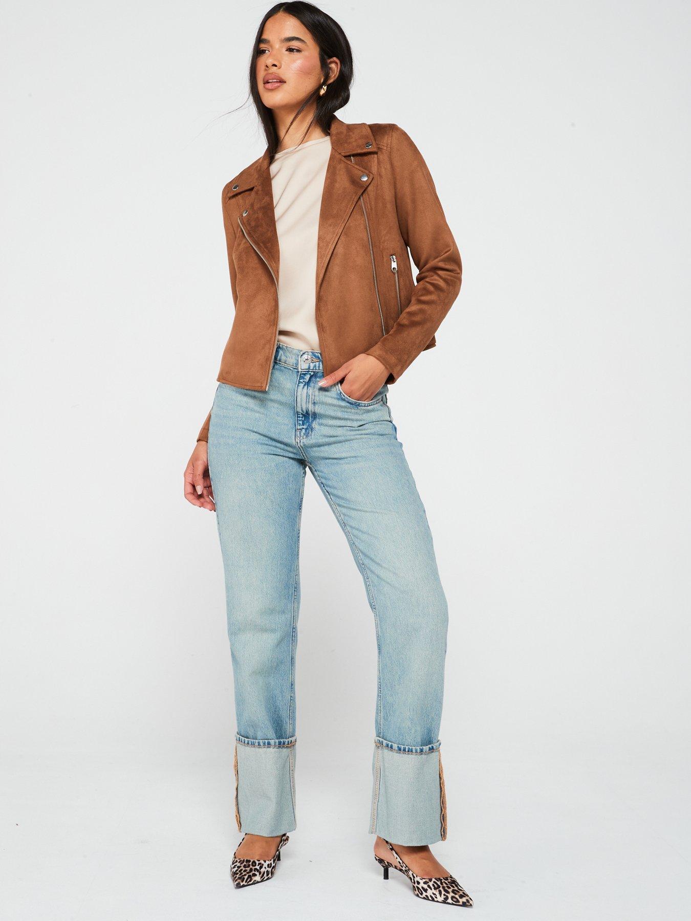 Image 3 of 4 of Vero Moda Faux Suede Biker Jacket - Brown