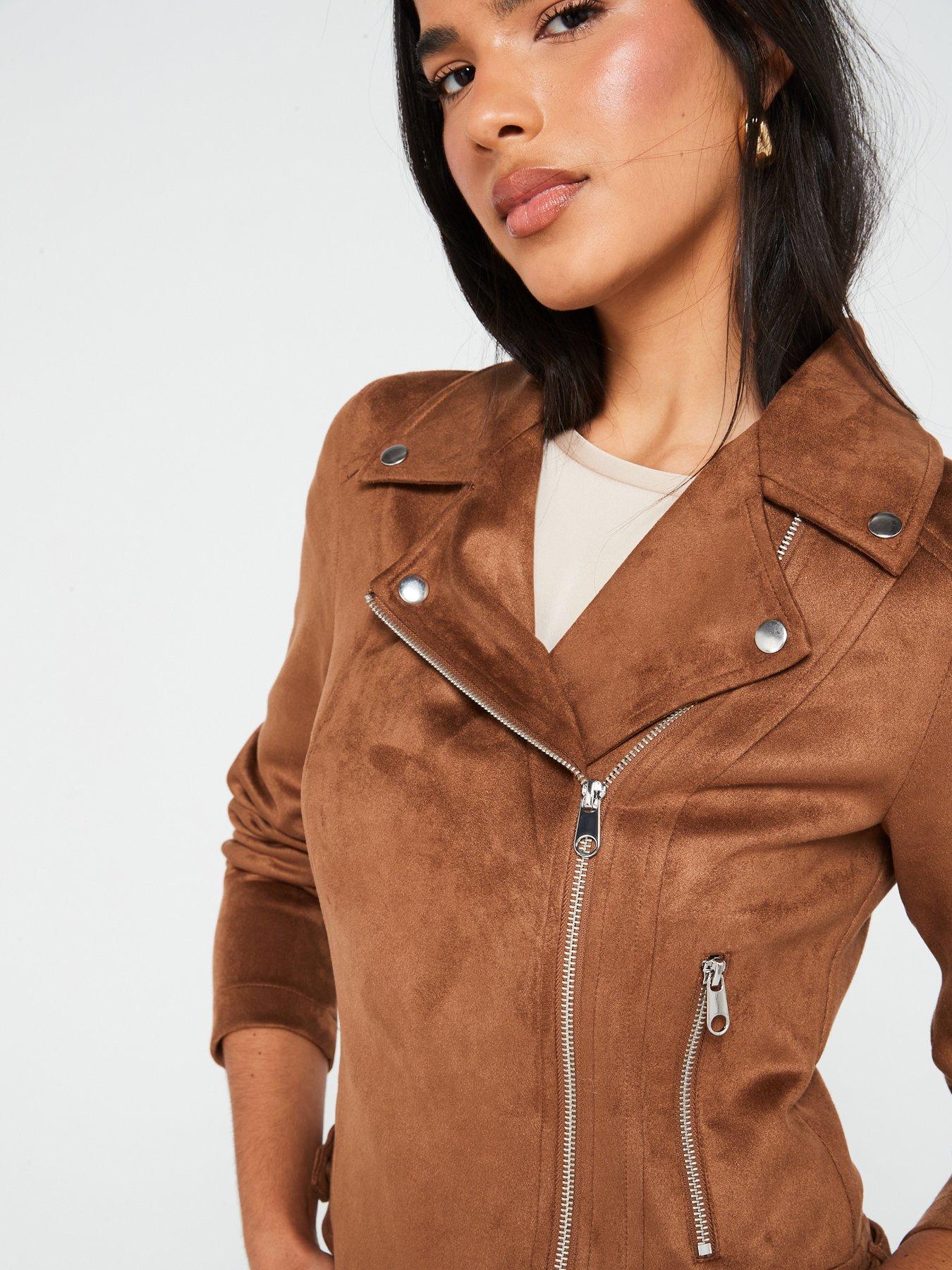 Image 4 of 4 of Vero Moda Faux Suede Biker Jacket - Brown