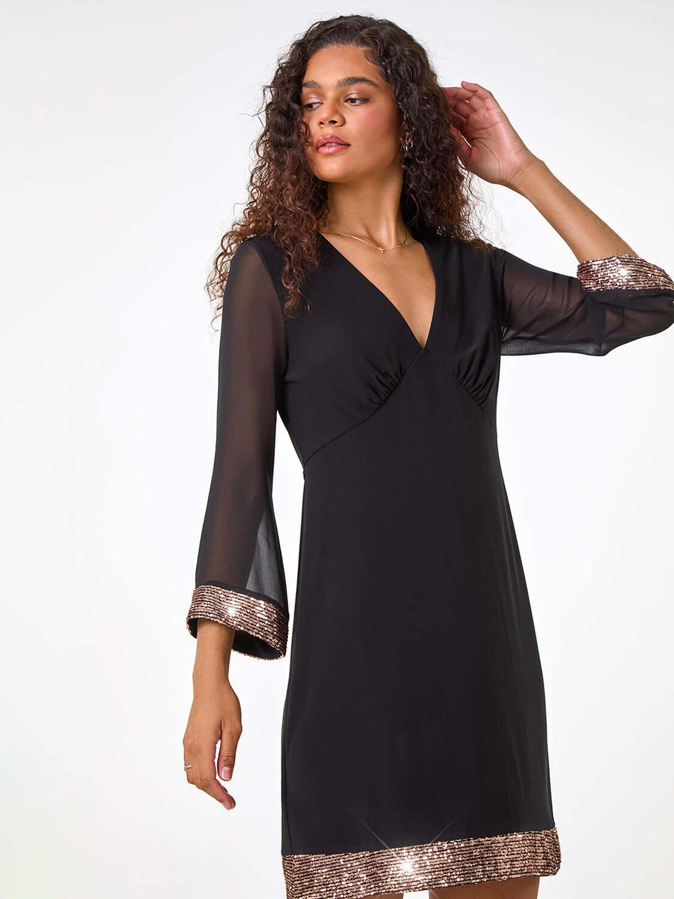 undefined Contrast Sequin Cuff Dress - Brown