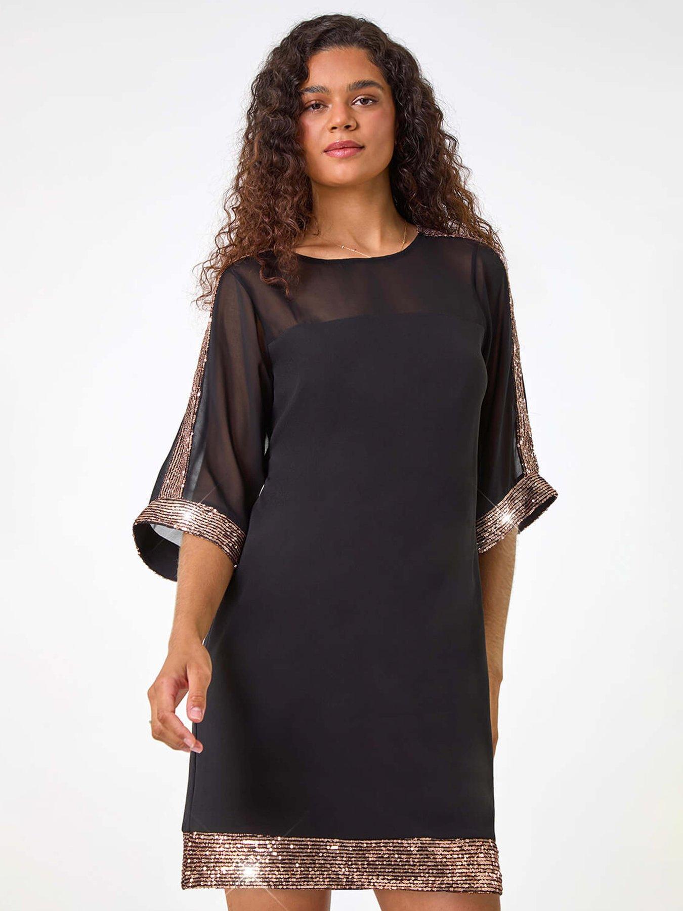 Roman Sequin Trim Shift Dress - Brown