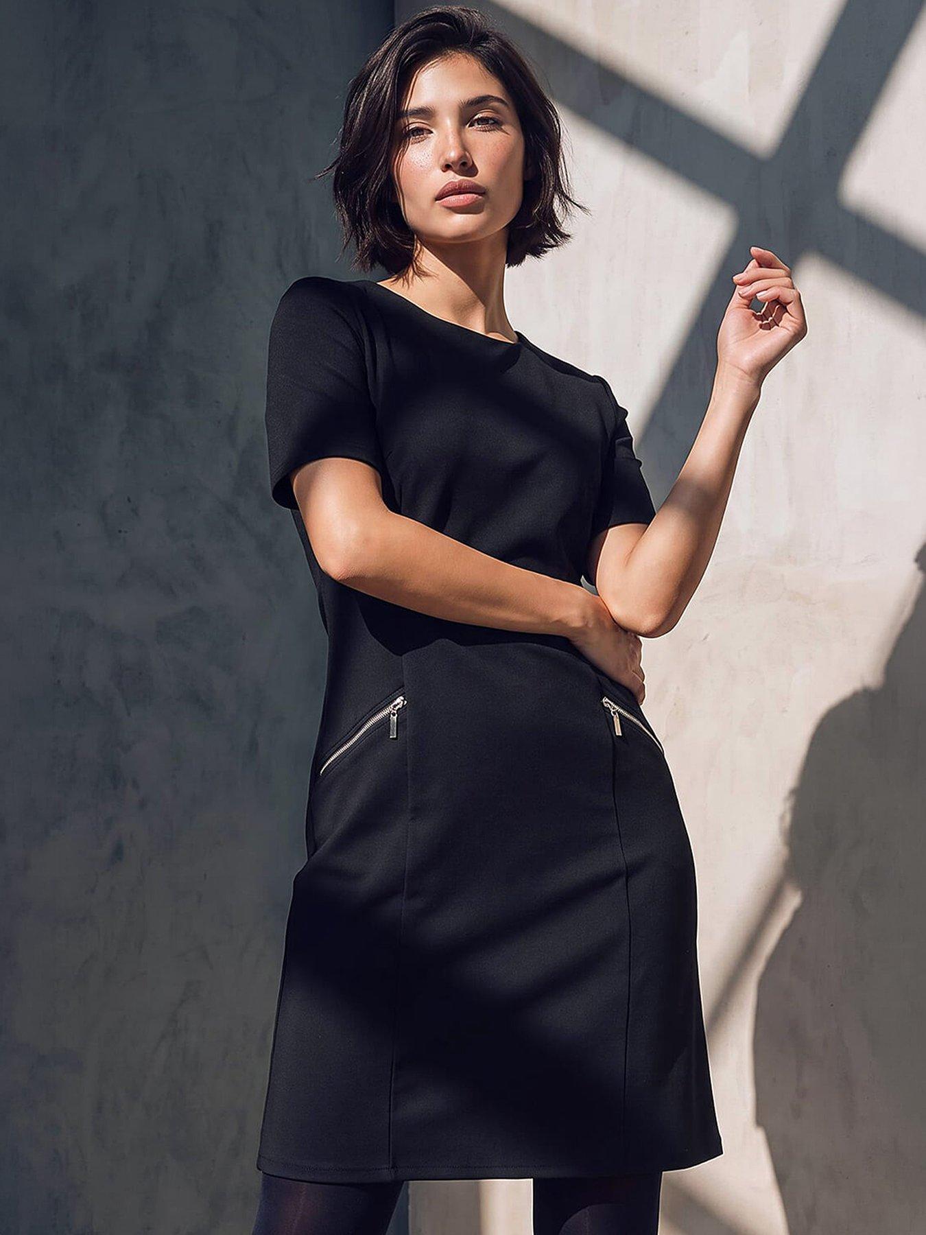 Roman Petite Zip Detail Pocket Shift Dress - Black