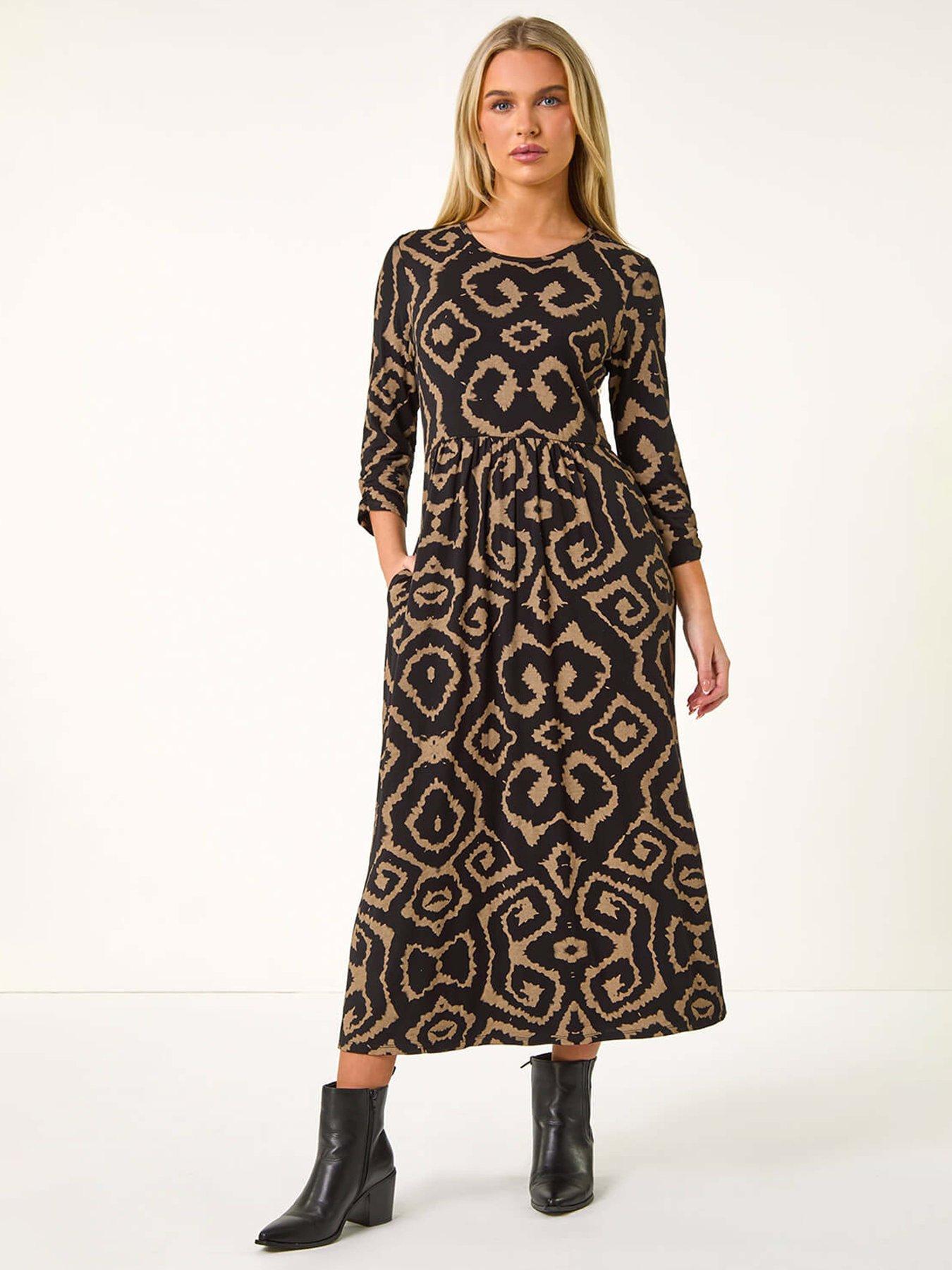 Roman Petite Geo Print Gathered Midi Dress - Beige
