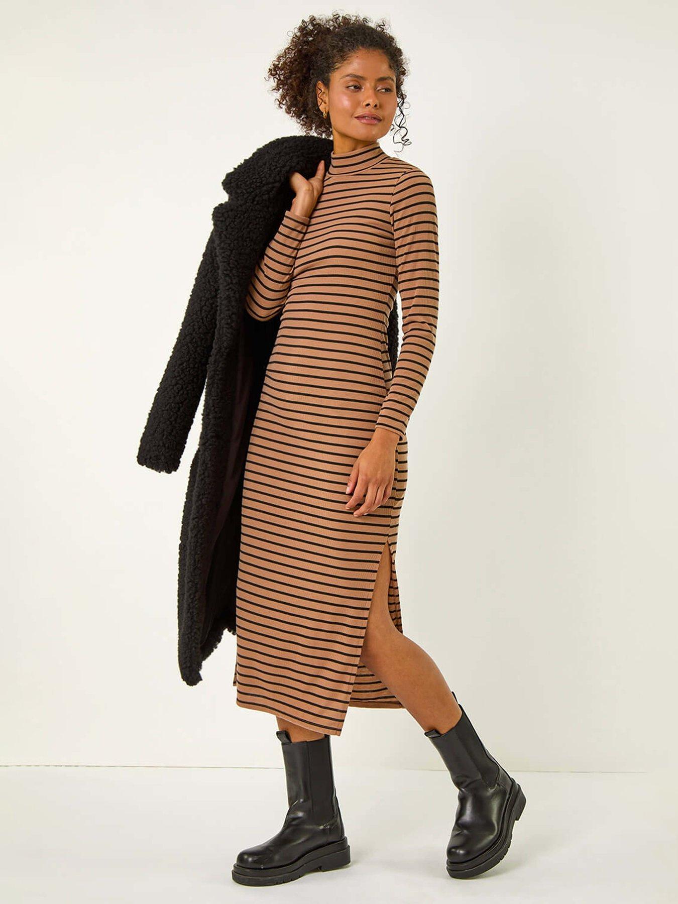 Image 1 of 5 of Roman High Neck Stripe Bodycon Midi Dress - Mocha