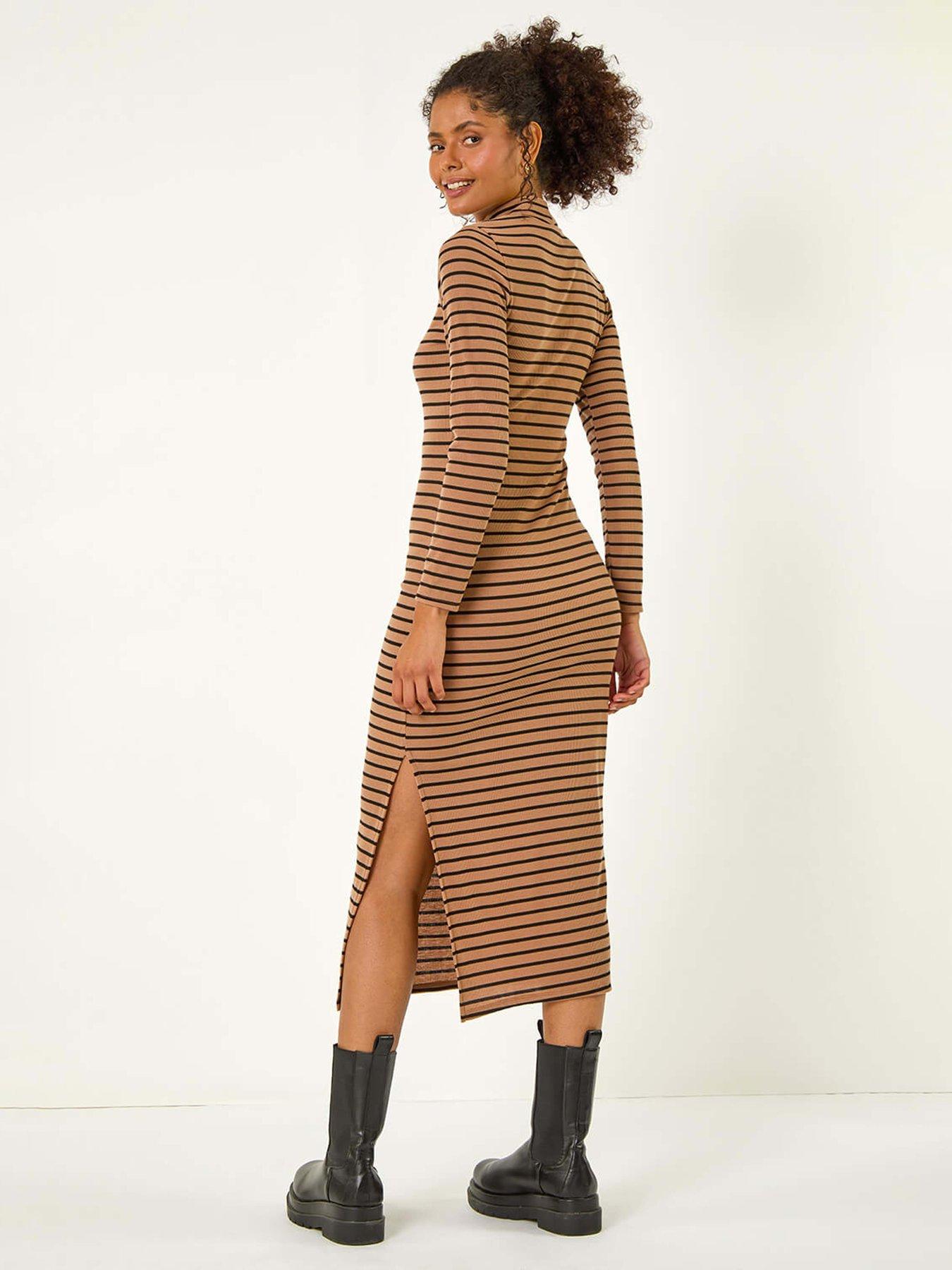 Image 2 of 5 of Roman High Neck Stripe Bodycon Midi Dress - Mocha