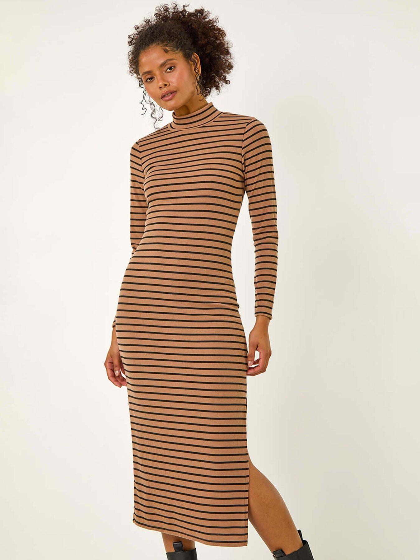 Image 3 of 5 of Roman High Neck Stripe Bodycon Midi Dress - Mocha