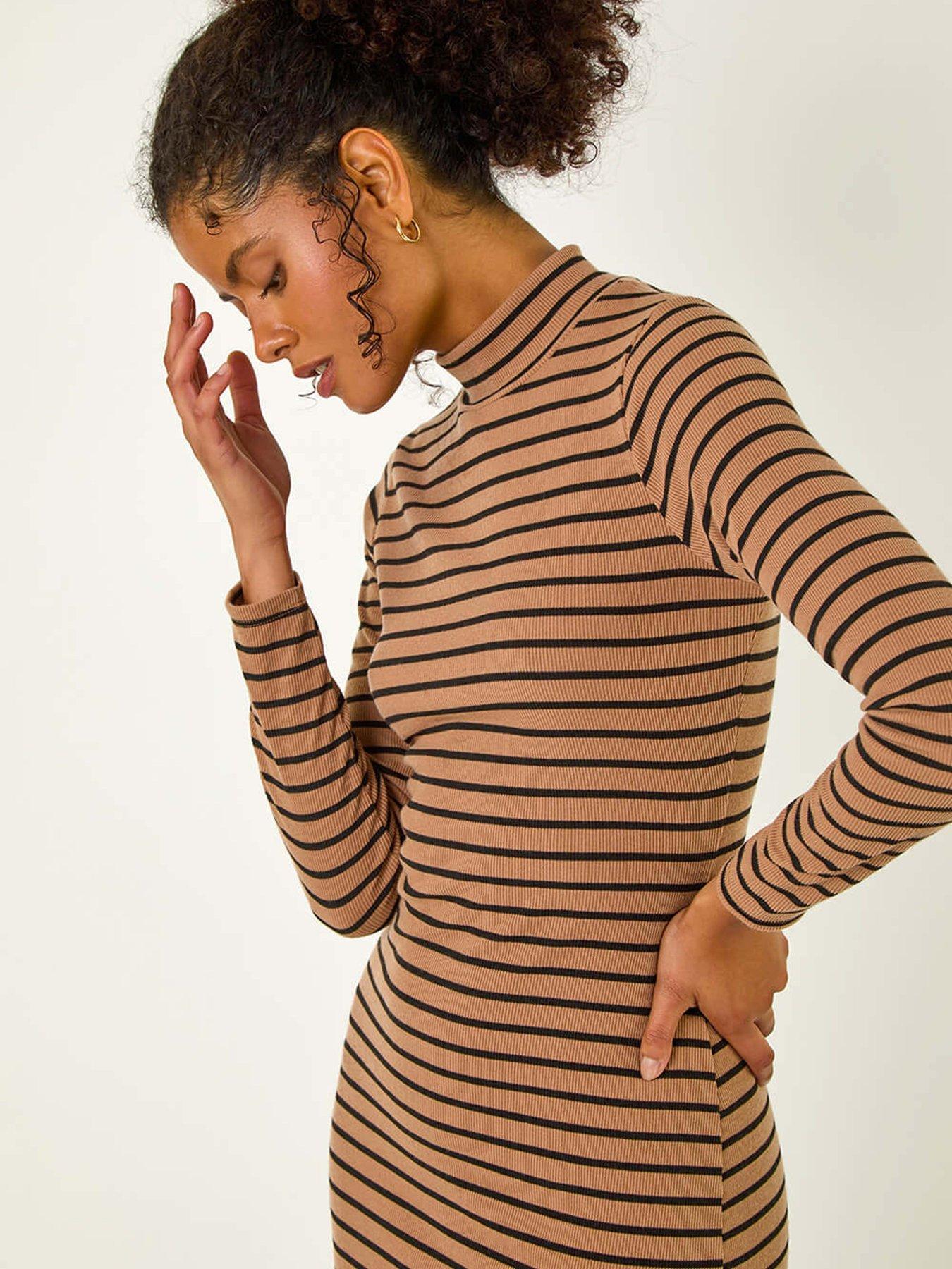 Image 4 of 5 of Roman High Neck Stripe Bodycon Midi Dress - Mocha