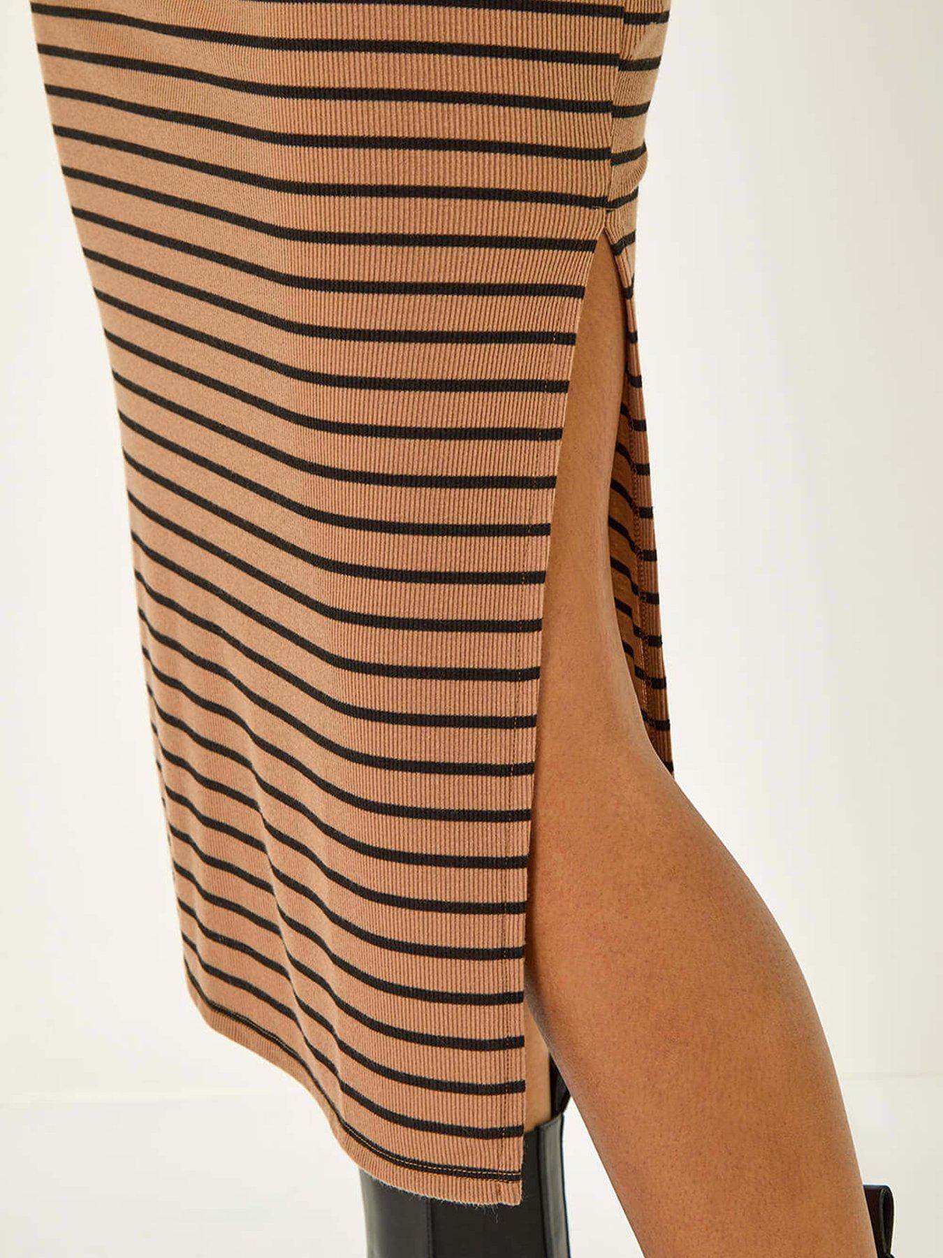 Image 5 of 5 of Roman High Neck Stripe Bodycon Midi Dress - Mocha