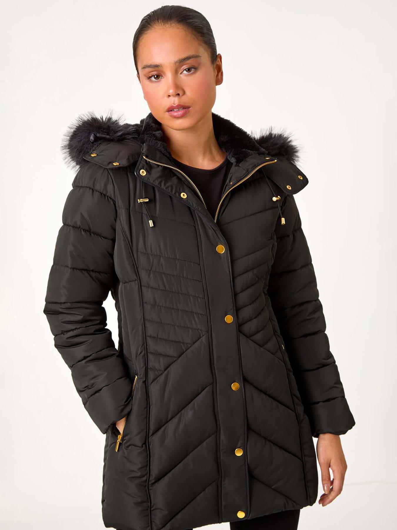 Roman Petite Hooded Longline Quilted Coat - Black