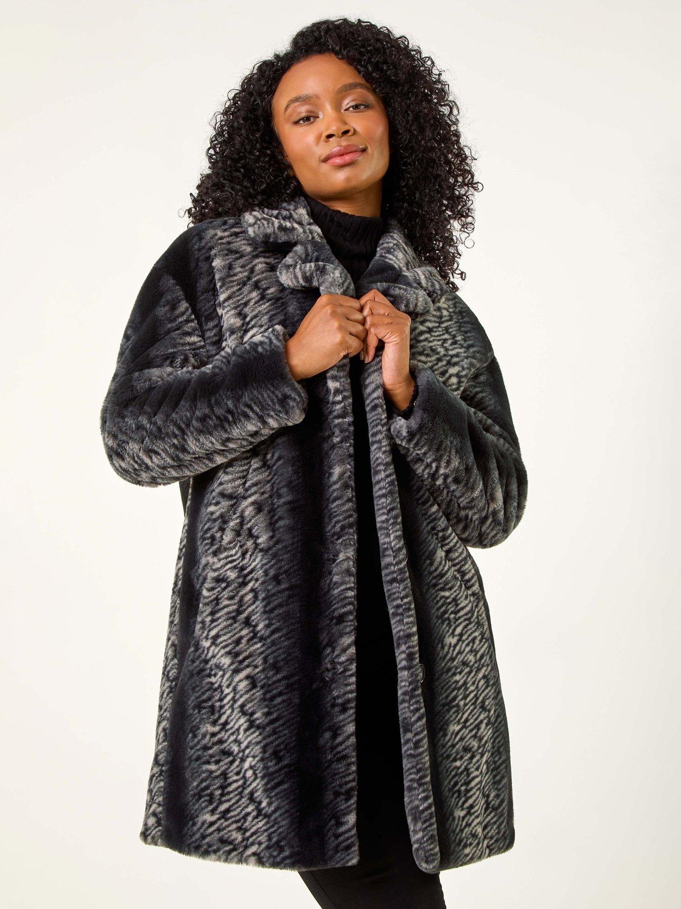 Roman Petite Animal Fur Collar Coat - Black