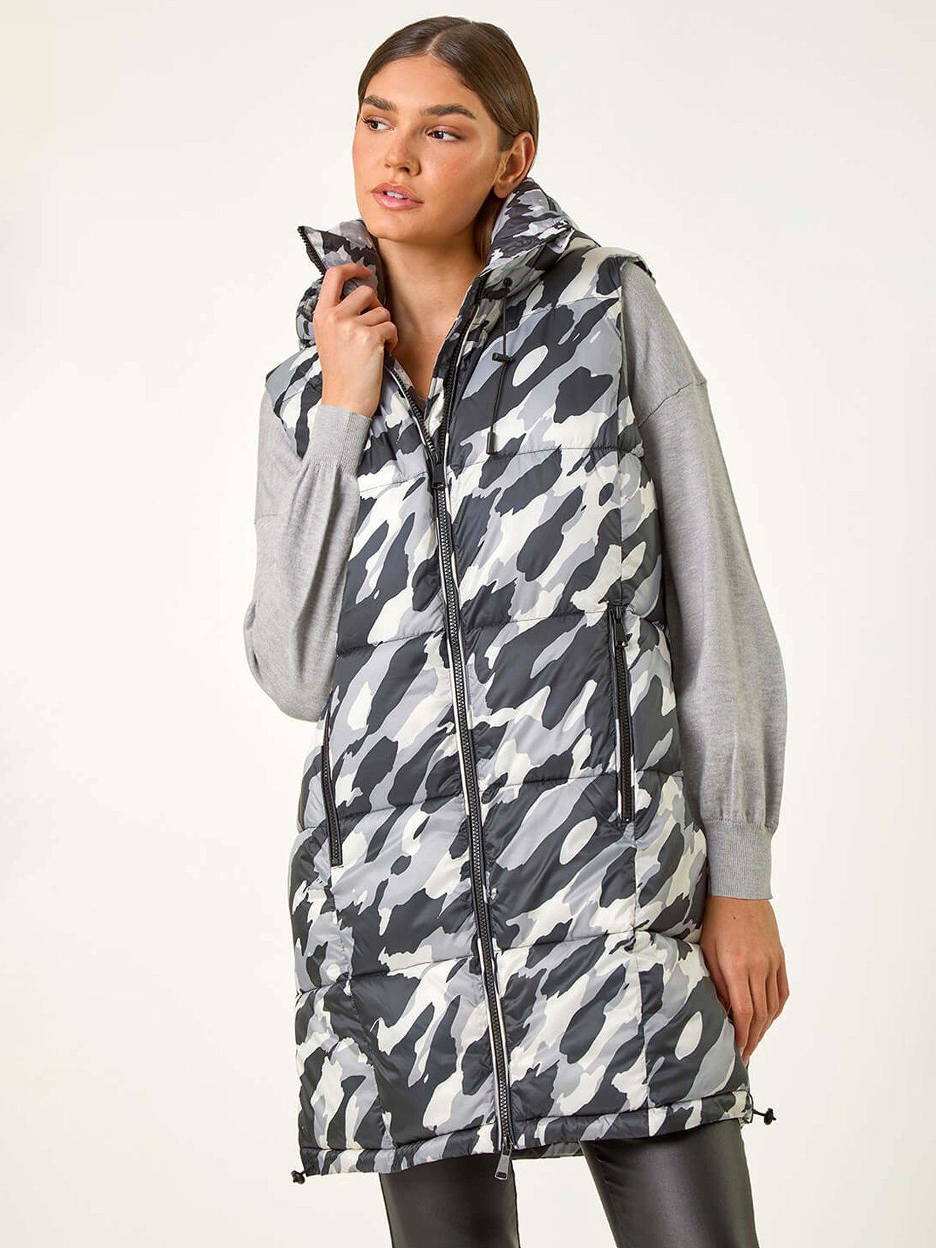 Roman Camo Print Longline Hooded Gilet - Grey