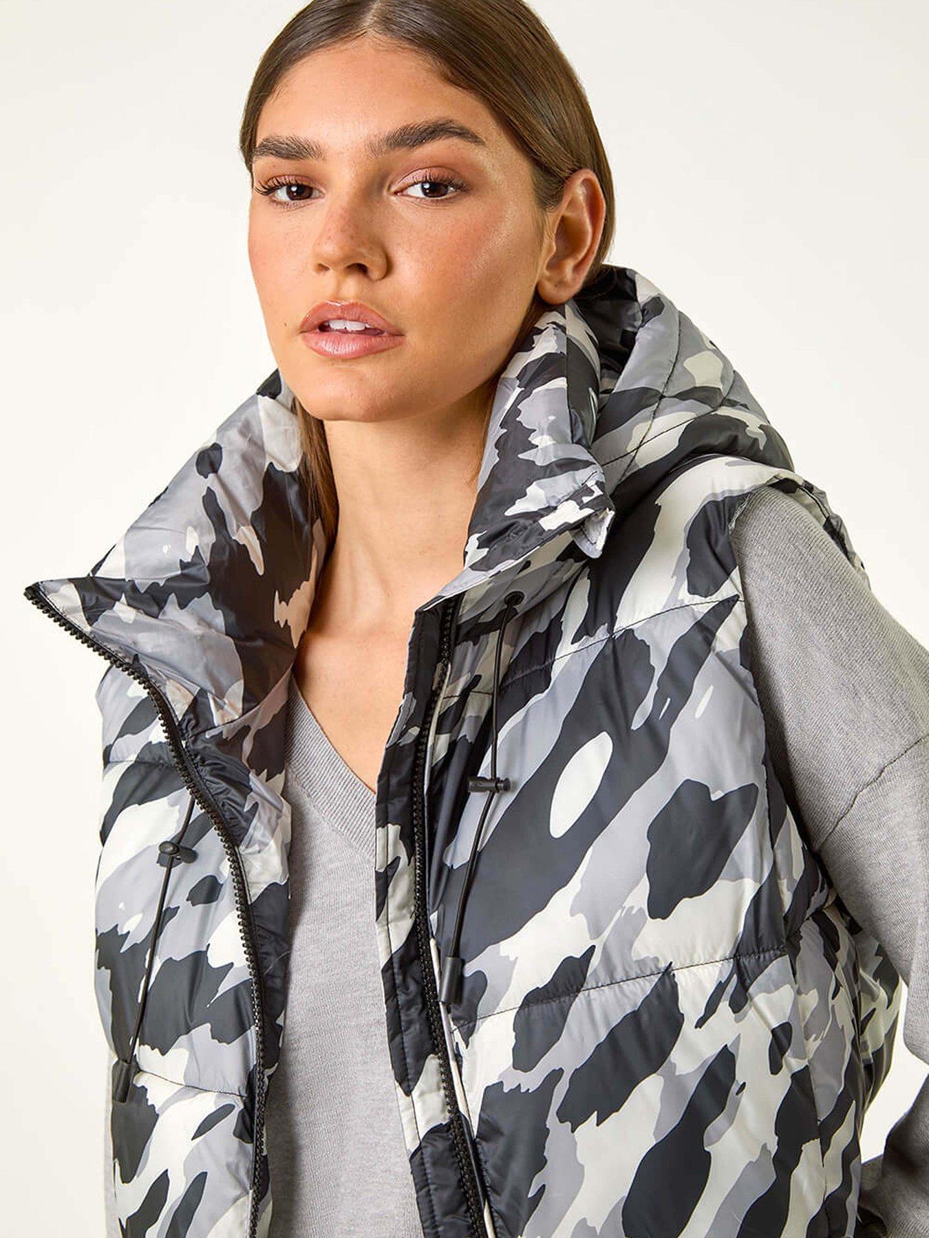 Roman Camo Print Longline Hooded Gilet - Grey | Very