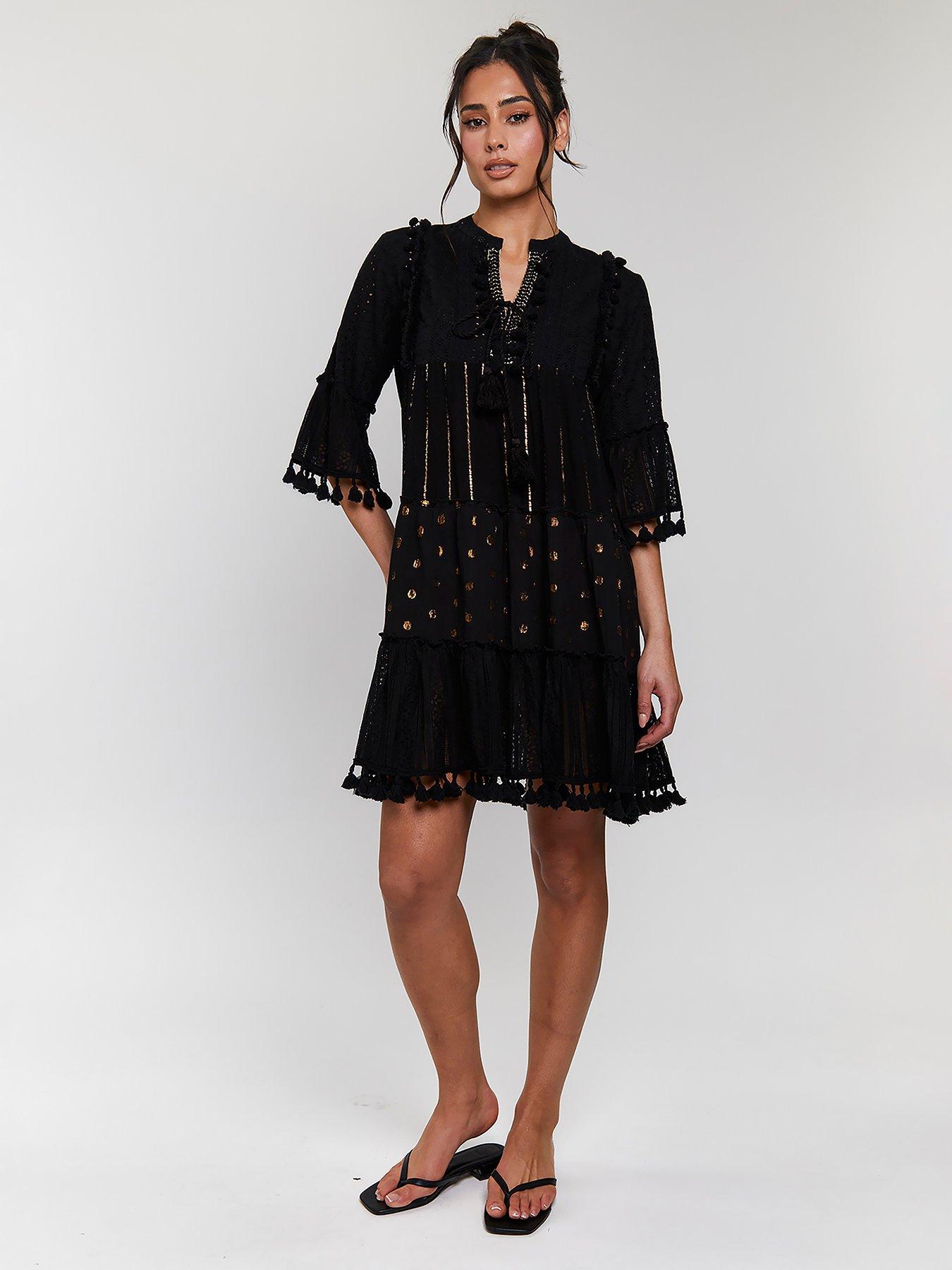 undefined Trim Detail Tiered Mini Dress - Black