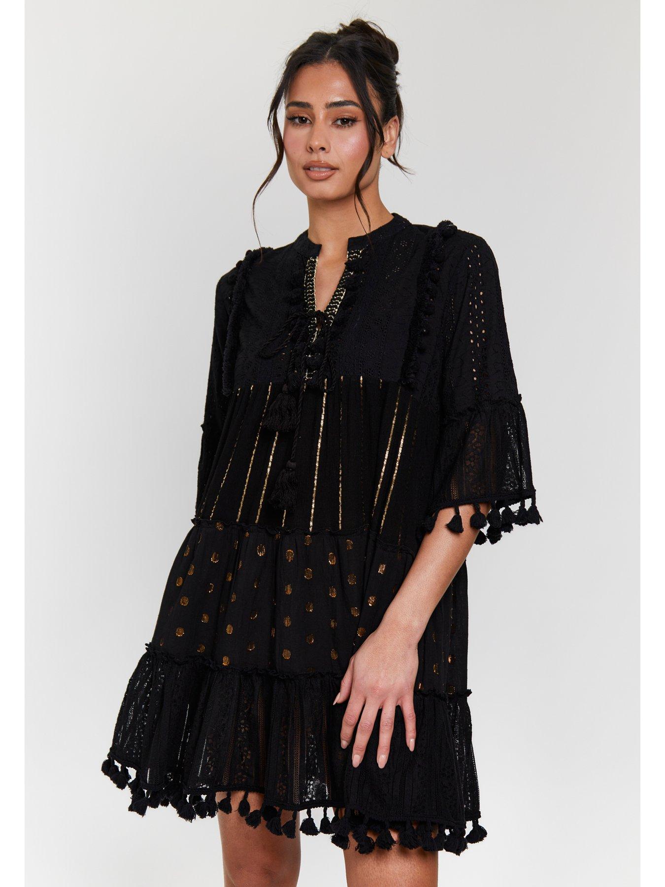 Image 3 of 5 of South Beach Trim Detail Tiered Mini Dress - Black