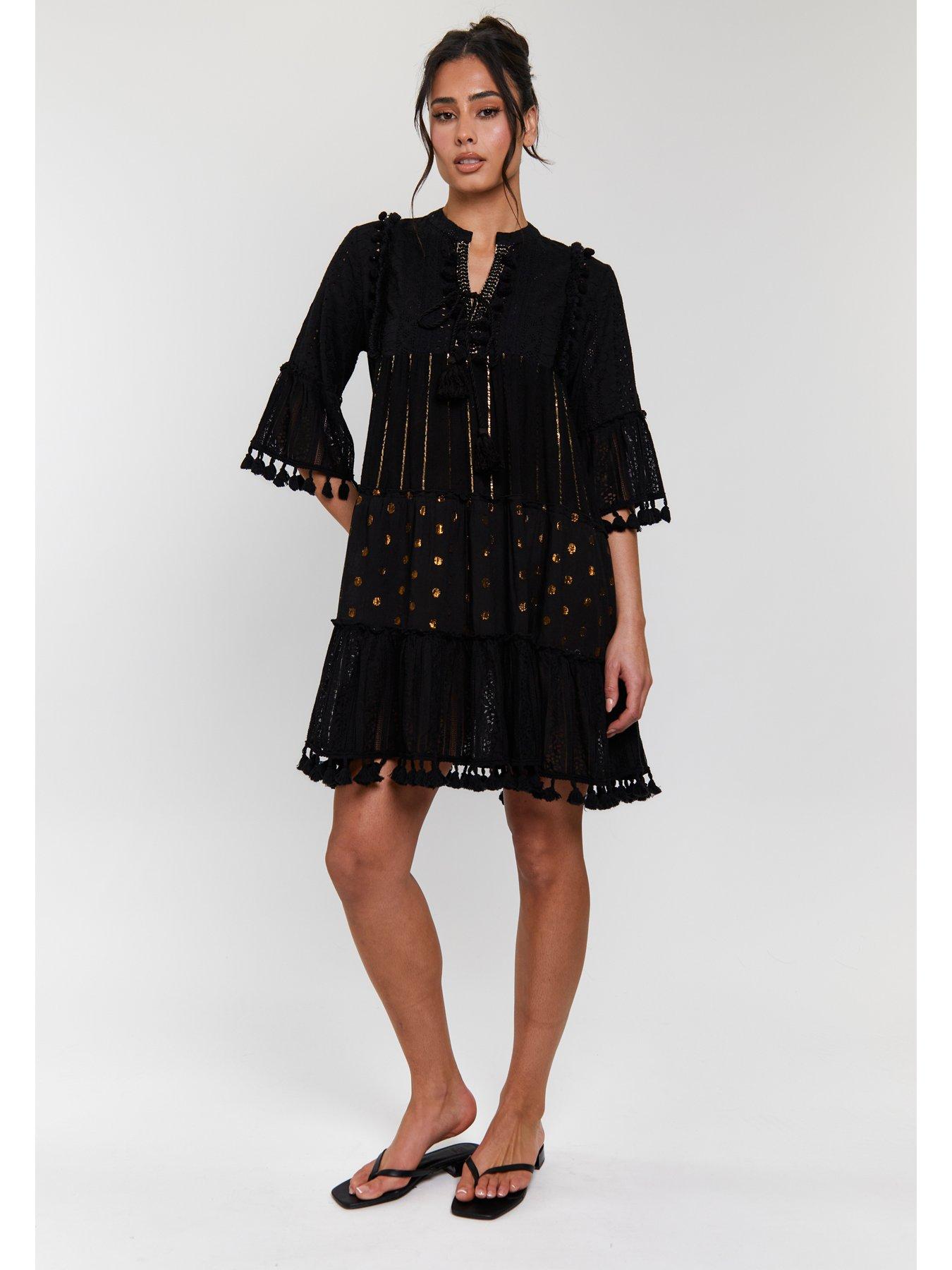 Image 4 of 5 of South Beach Trim Detail Tiered Mini Dress - Black