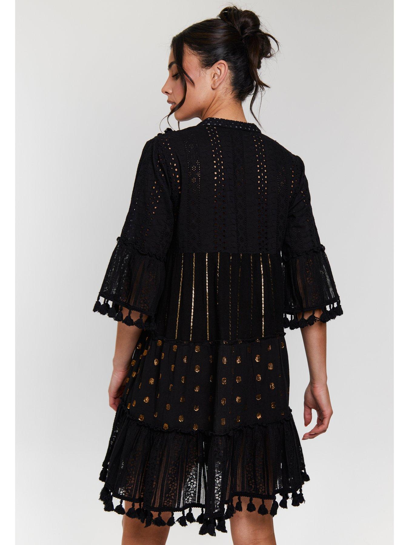 Image 5 of 5 of South Beach Trim Detail Tiered Mini Dress - Black
