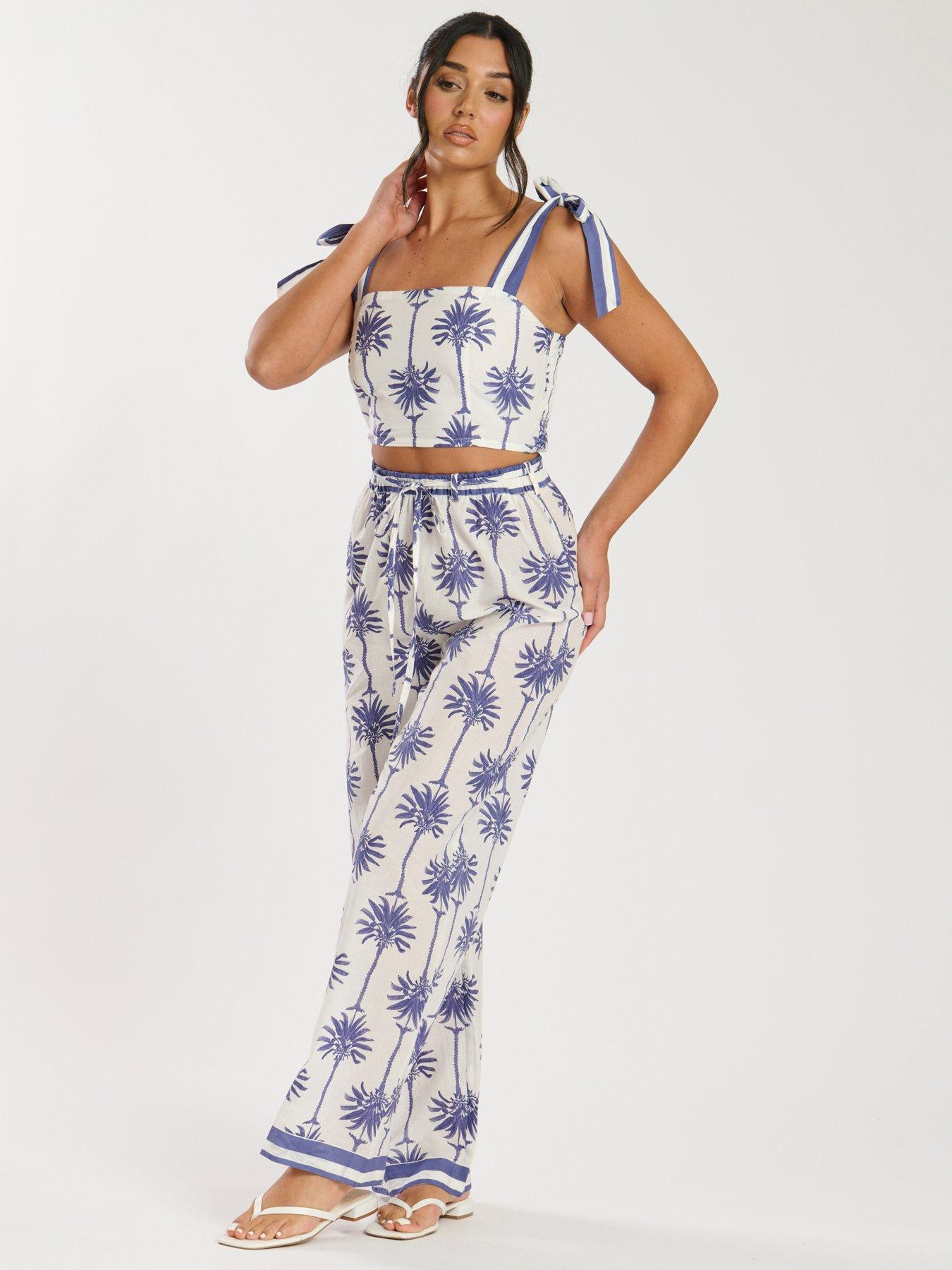undefined Printed Tie Waist Pant - White