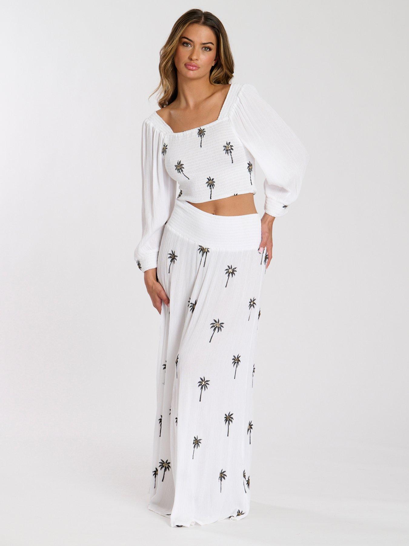 undefined Embroidered Shirred Waist Maxi Skirt - White