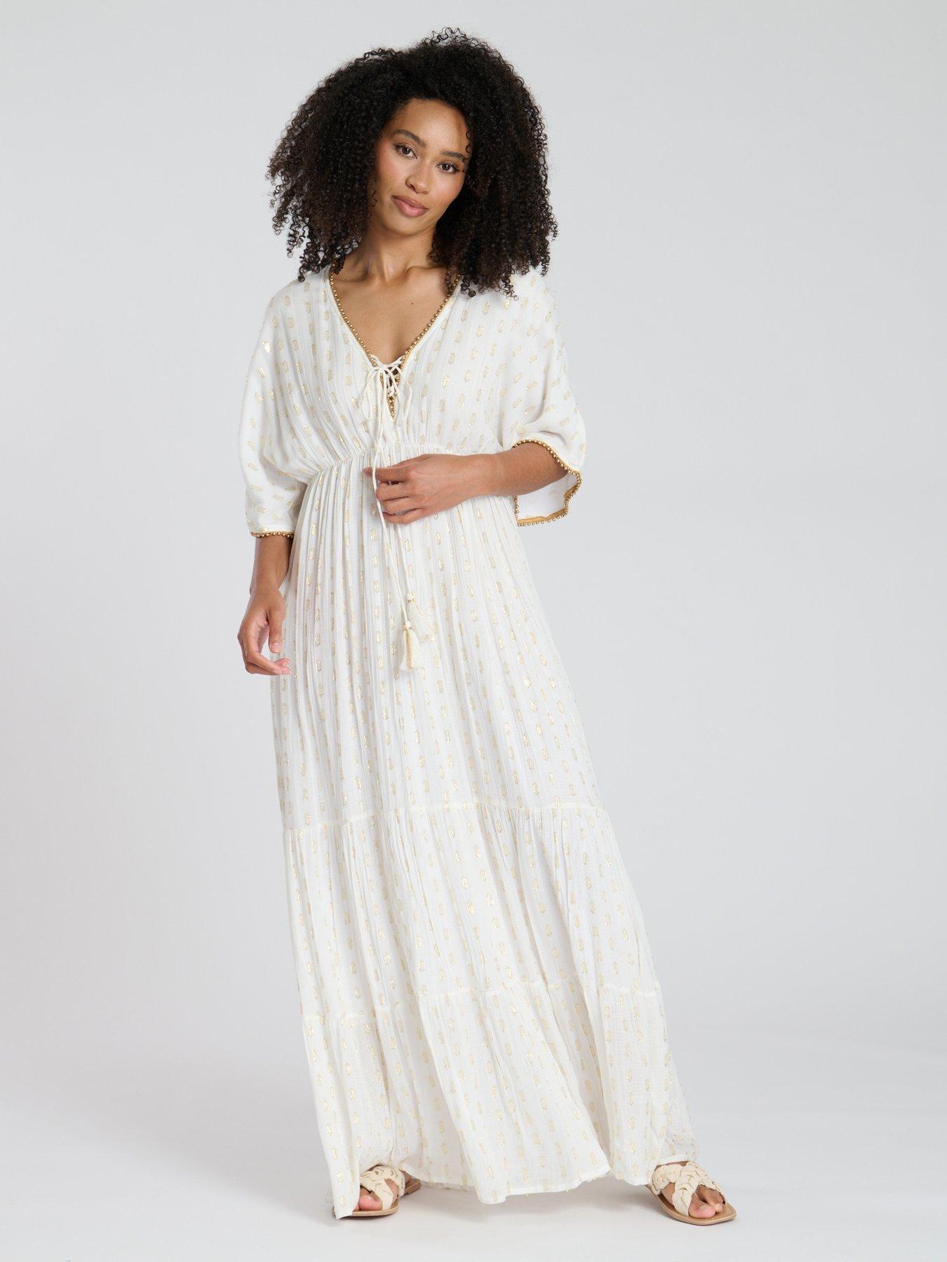 undefined Metallic Jacquard Spot Tiered Maxi Dress
