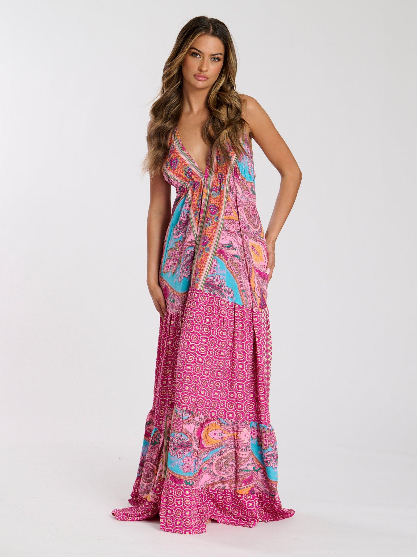 Pink Zebra Print Halter Neck Maxi Beach Dress with Side Slit