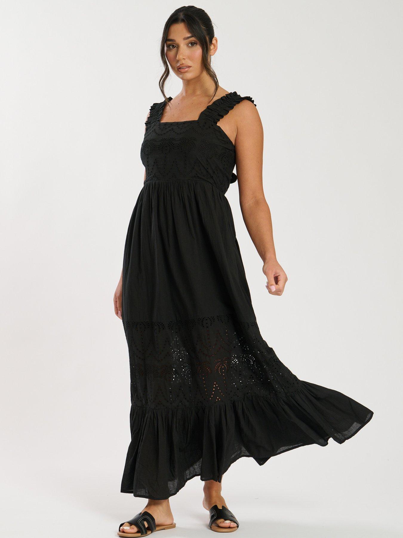 South Beach Palm Broderie Tie Back Maxi Dress - Black
