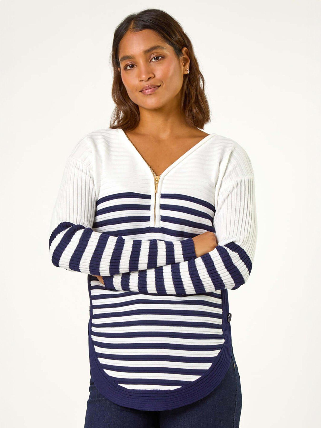 Roman Stripe Zip Front Ribbed Knit Jumper - White | Very