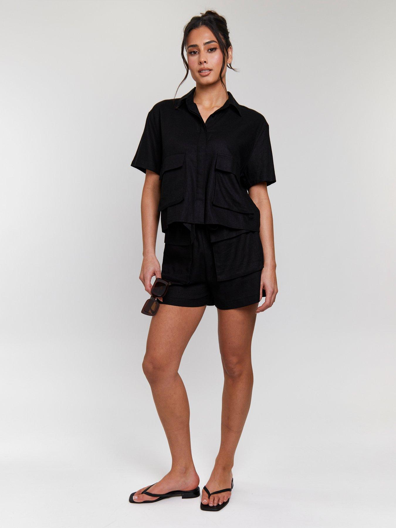 undefined Linen Blend Tie Waist Utility Pocket Short - Black