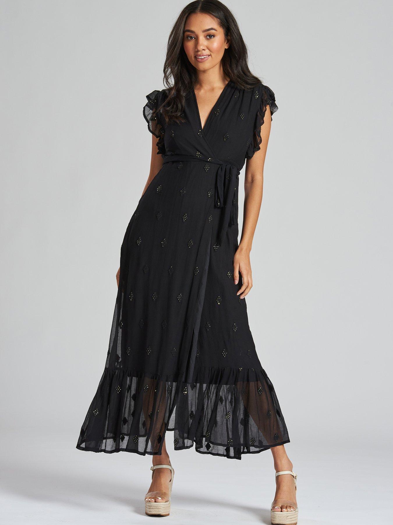 undefined Sequin Detail Wrap Midi Dress - Black