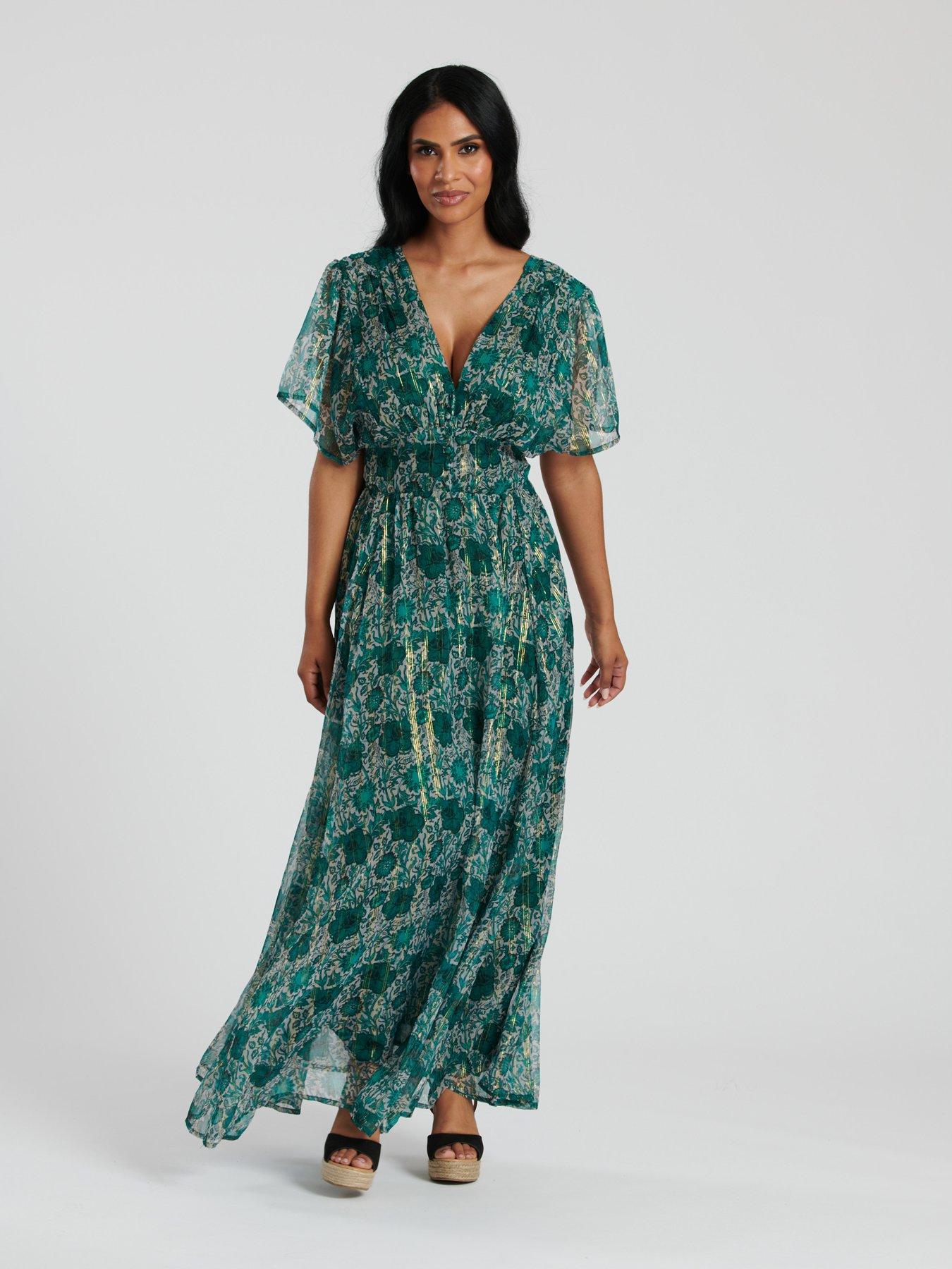 undefined Metallic Chiffon Button Detail Midi Dress - Green