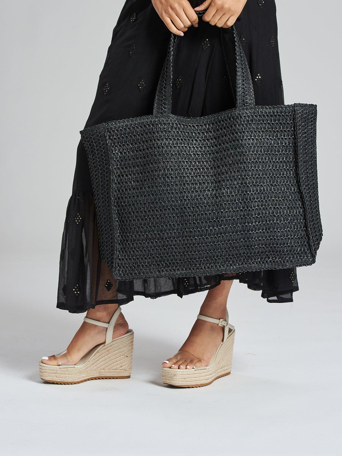 undefined Straw Woven Shoulder Tote Bag - Black