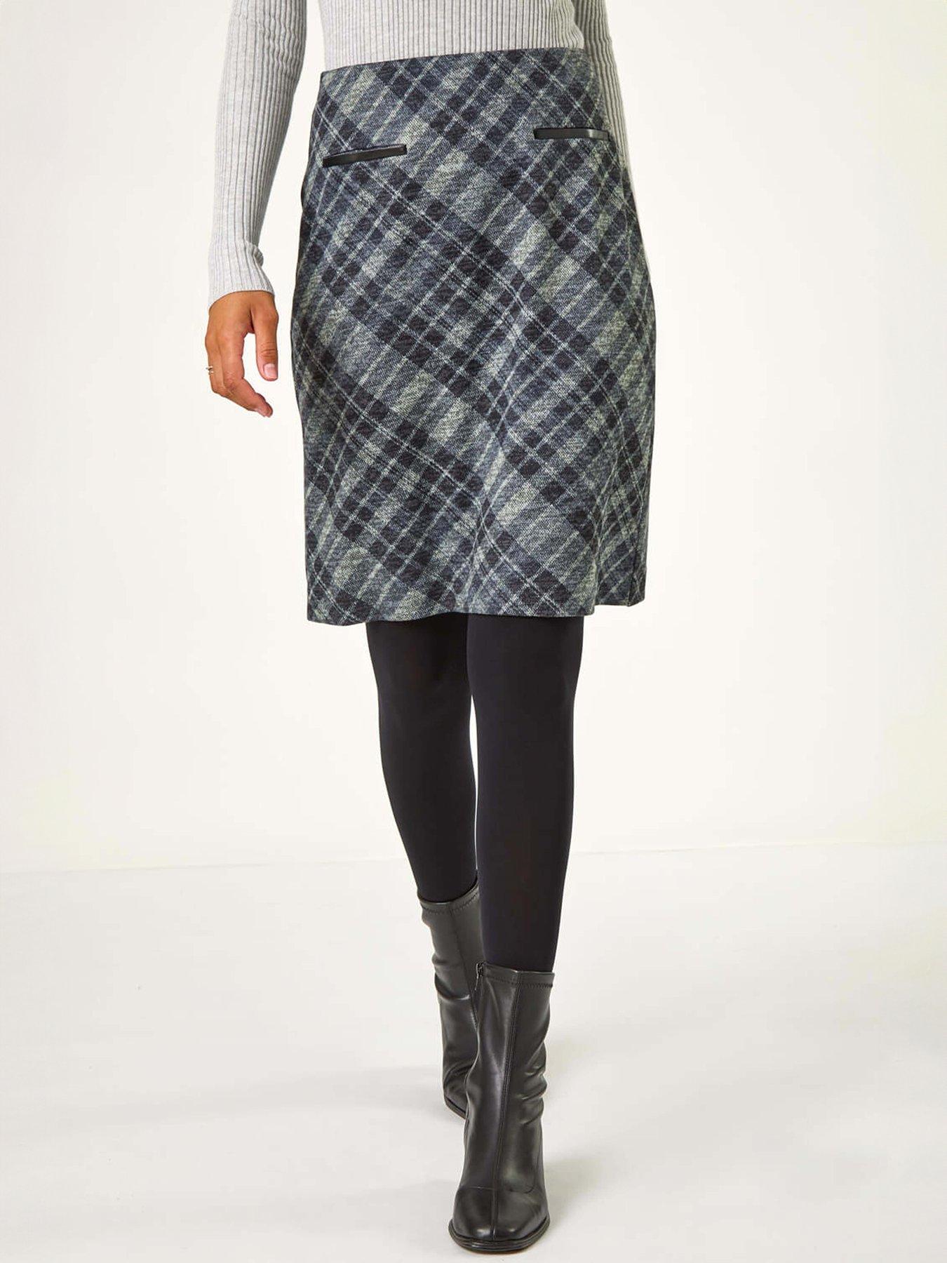 undefined Elastic Waist Check Print Pocket Pencil Skirt - Grey