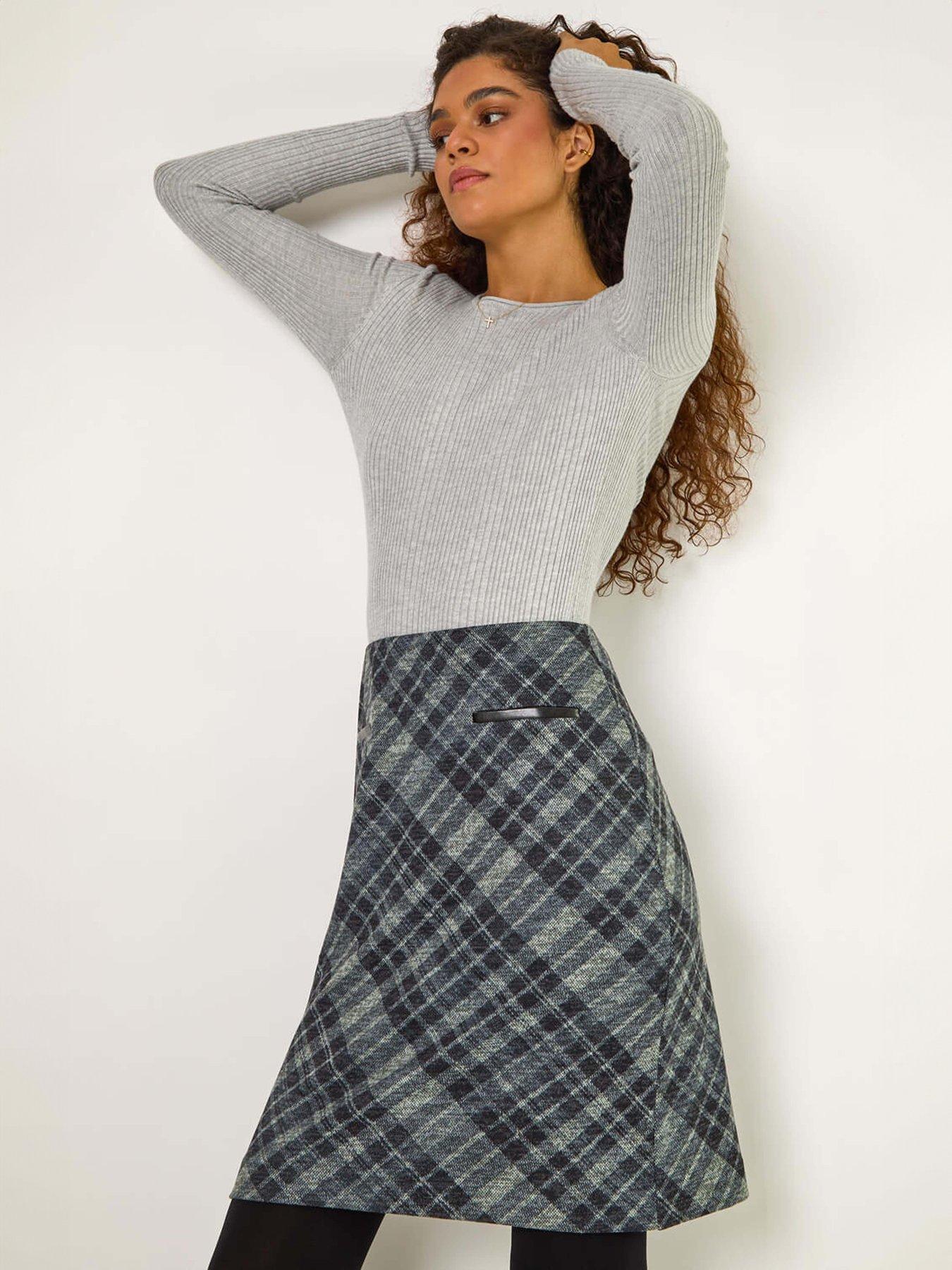 Roman Elastic Waist Check Print Pocket Pencil Skirt Grey Very