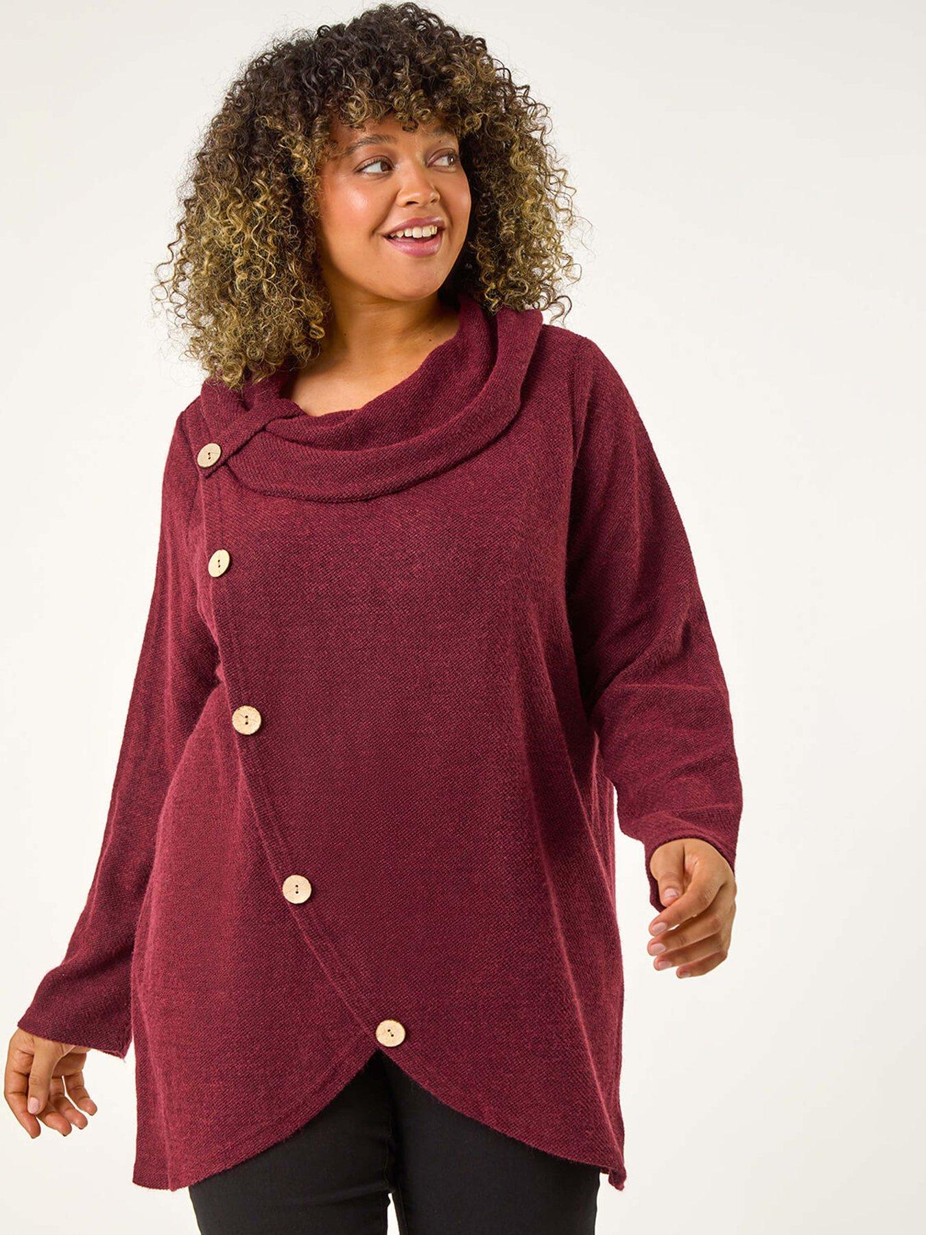 Roman Curve Cowl Neck Button Wrap Top, Red, Size 26-28, Women