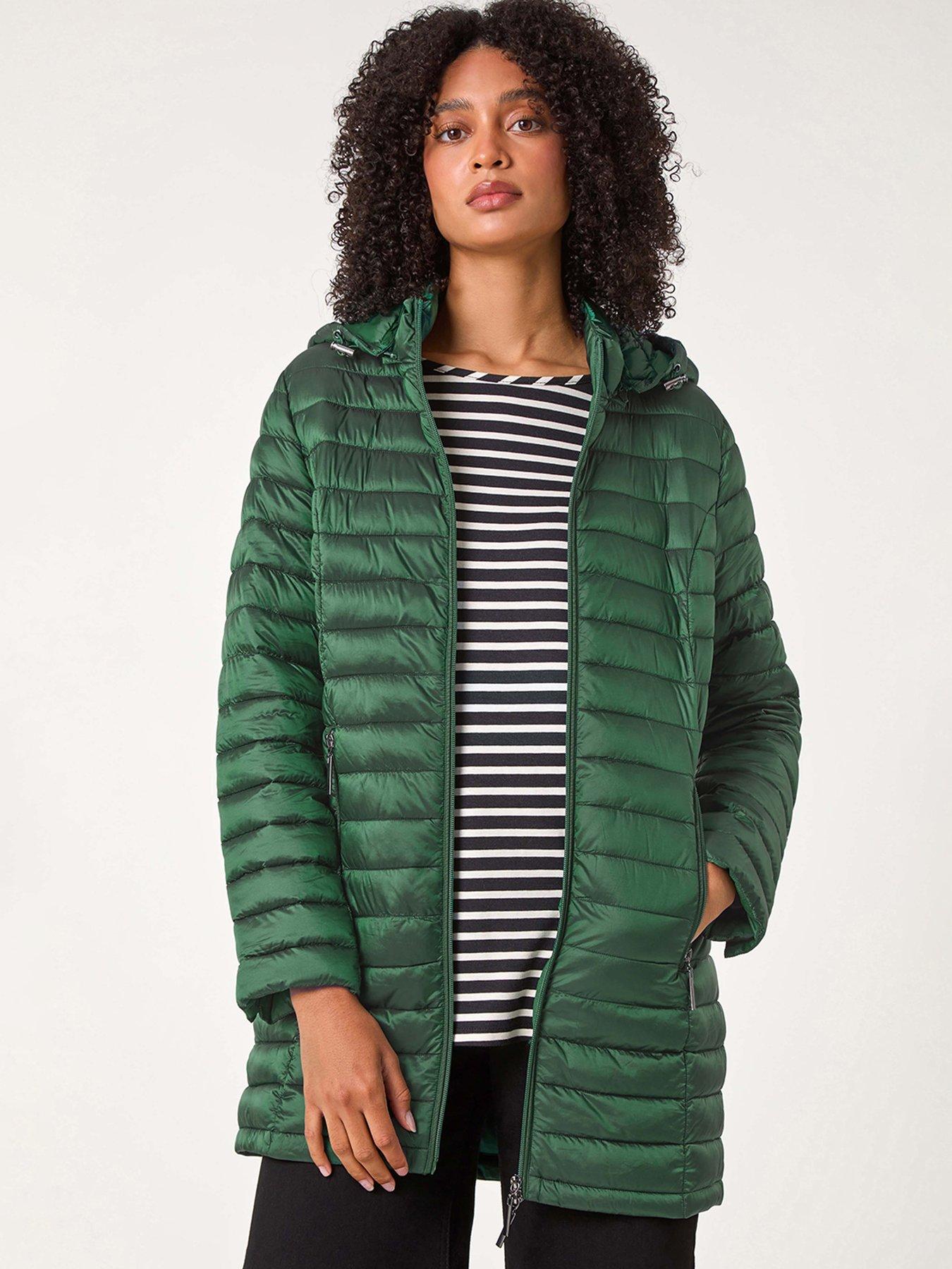 Roman Longline Quilted Hooded Padded Coat, Green, Size 10, Women