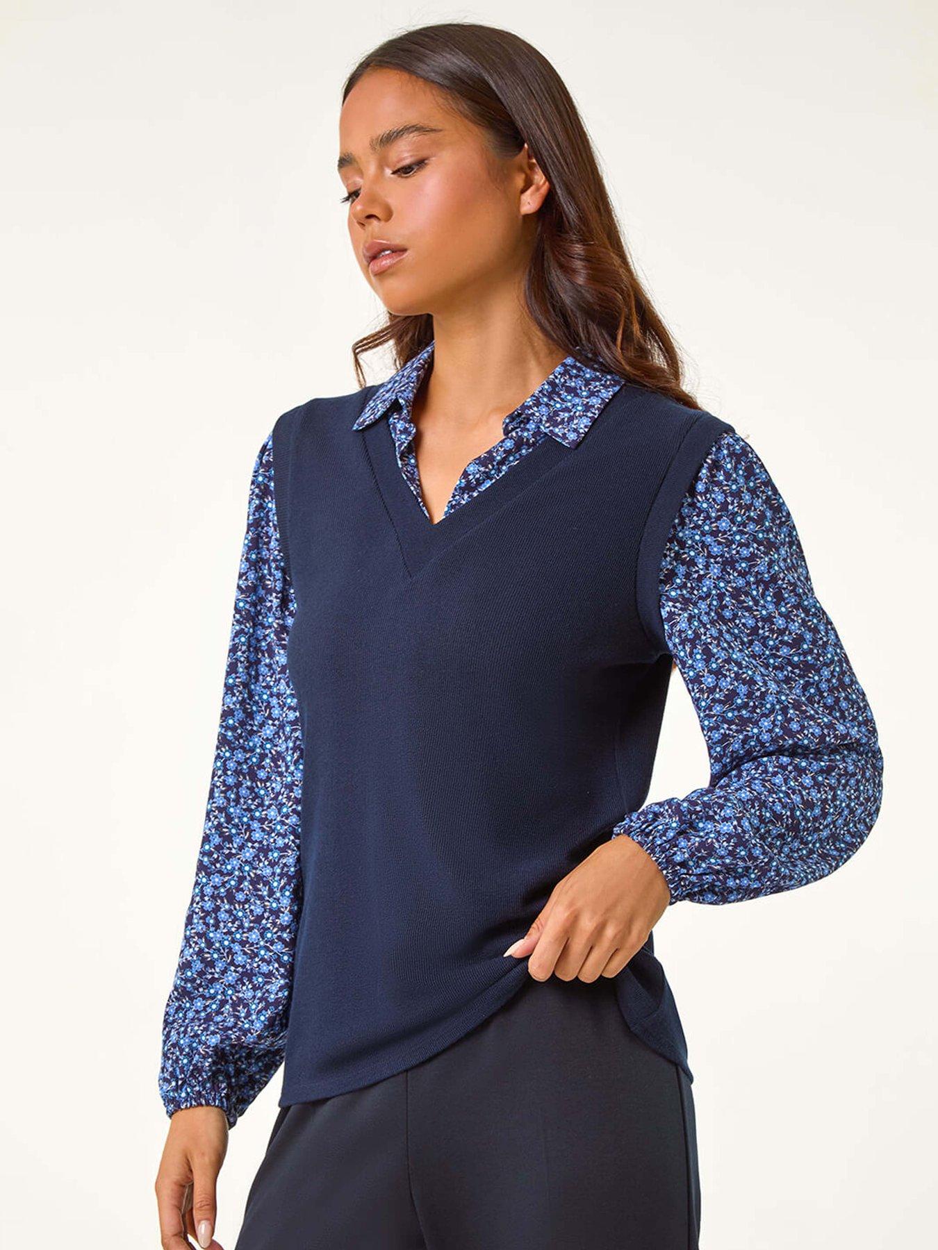 Roman Petite Contrast Bodice Top - Navy
