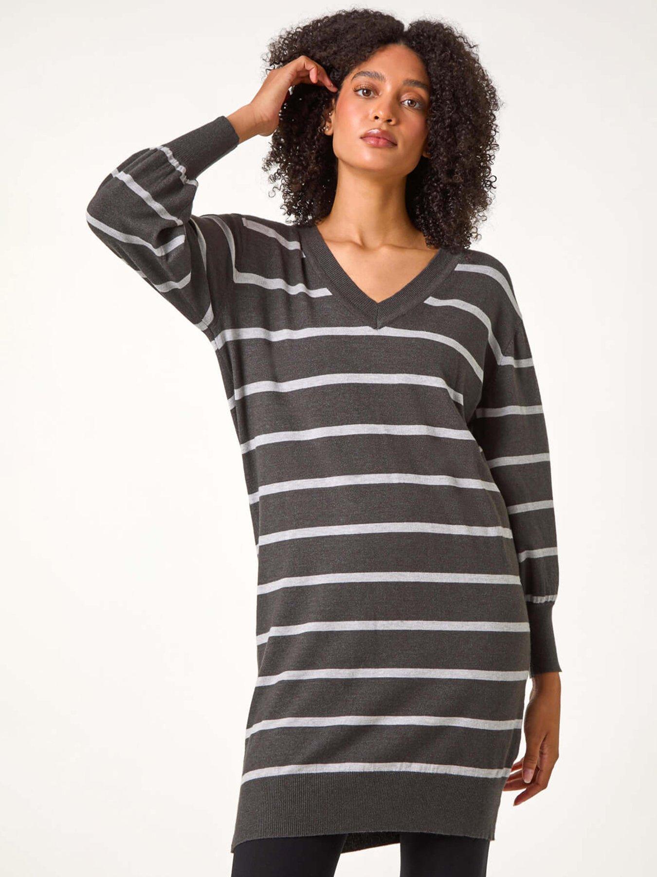 Image 1 of 5 of Roman Stripe V-neck Knit Jumper Dress - Grey