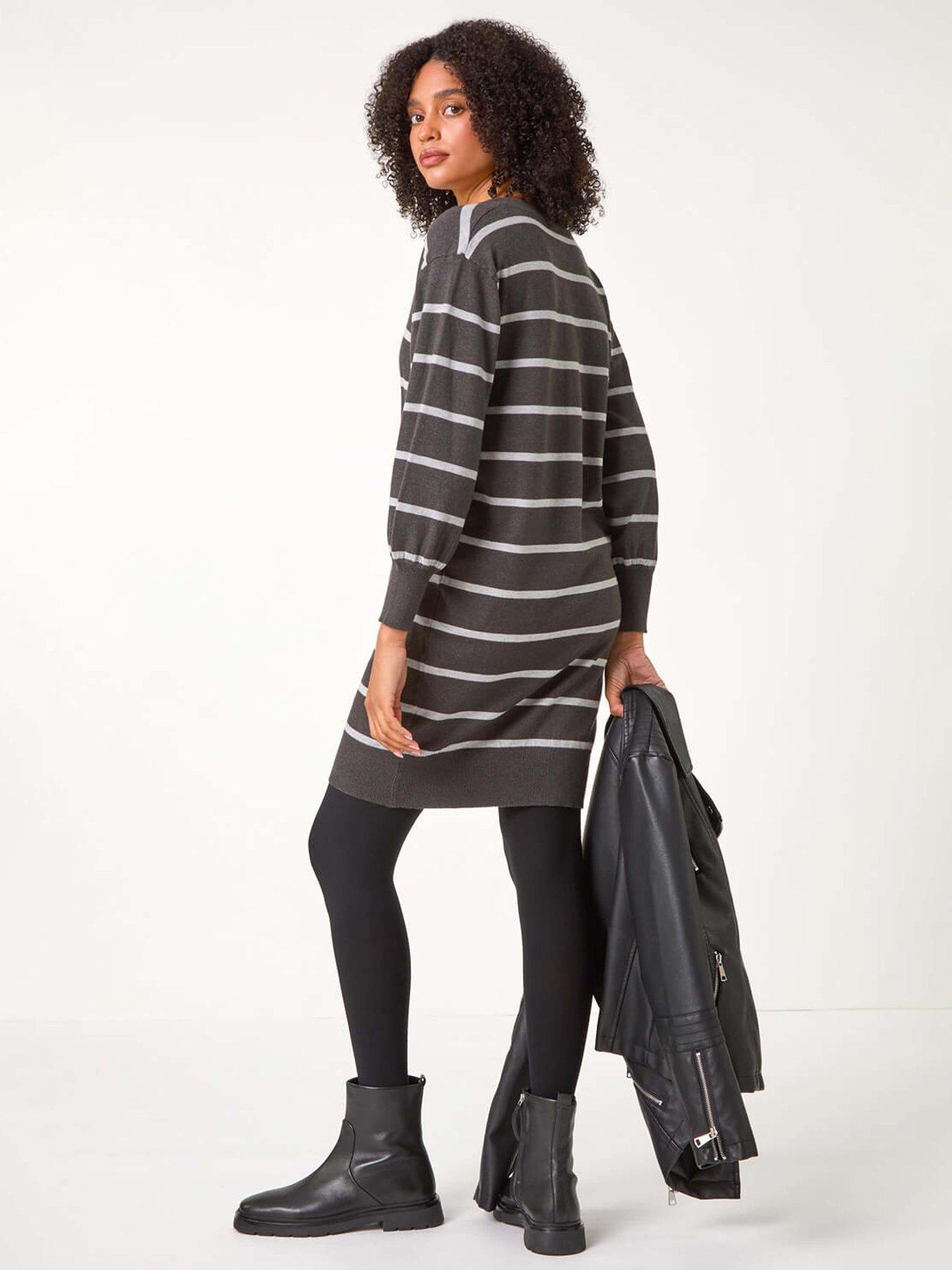 Image 2 of 5 of Roman Stripe V-neck Knit Jumper Dress - Grey