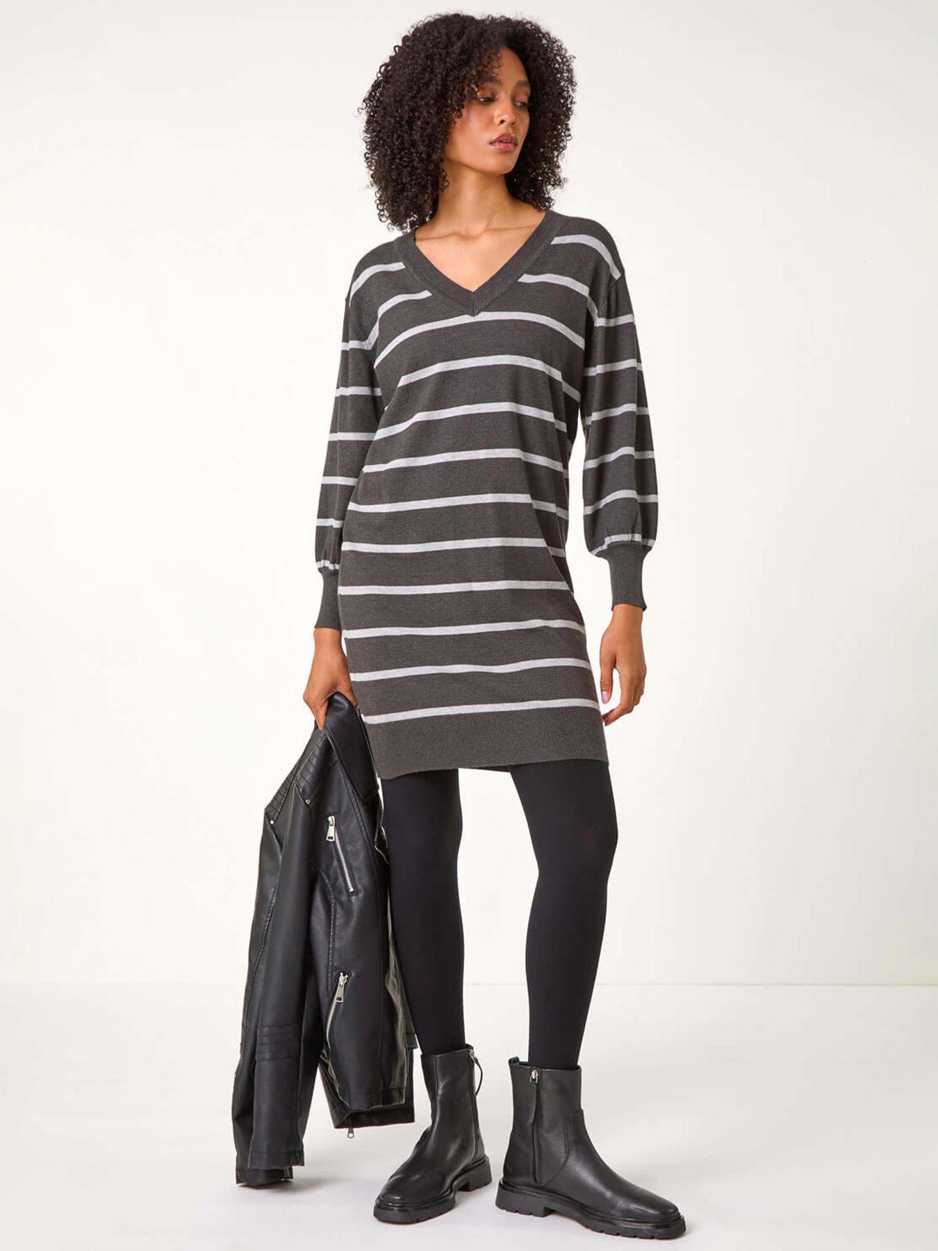 Image 3 of 5 of Roman Stripe V-neck Knit Jumper Dress - Grey
