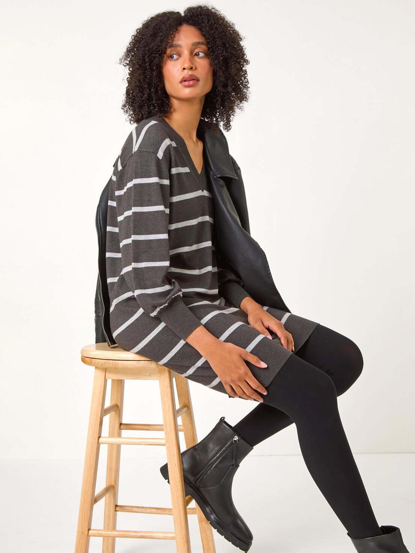 Image 4 of 5 of Roman Stripe V-neck Knit Jumper Dress - Grey