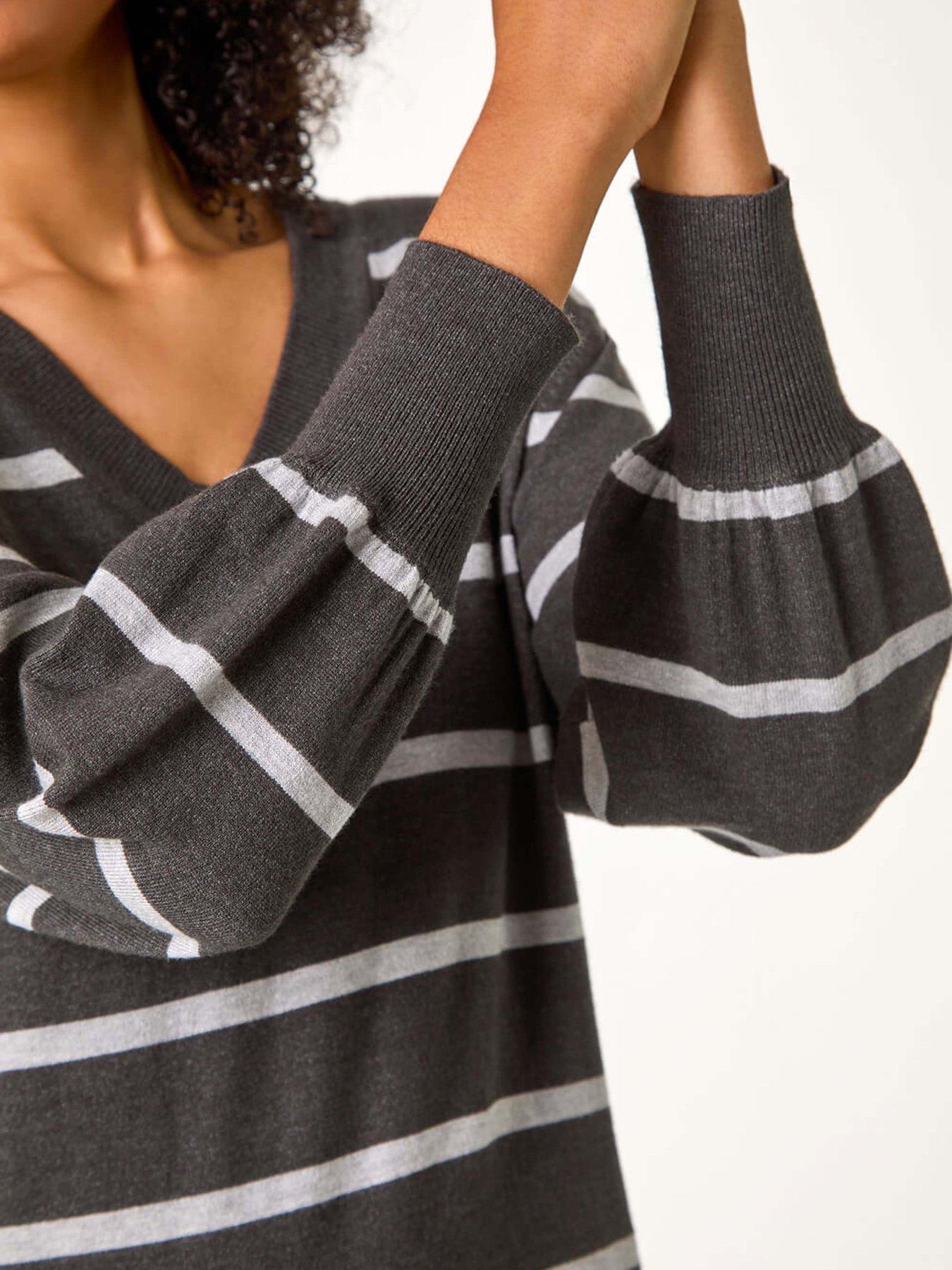 Image 5 of 5 of Roman Stripe V-neck Knit Jumper Dress - Grey