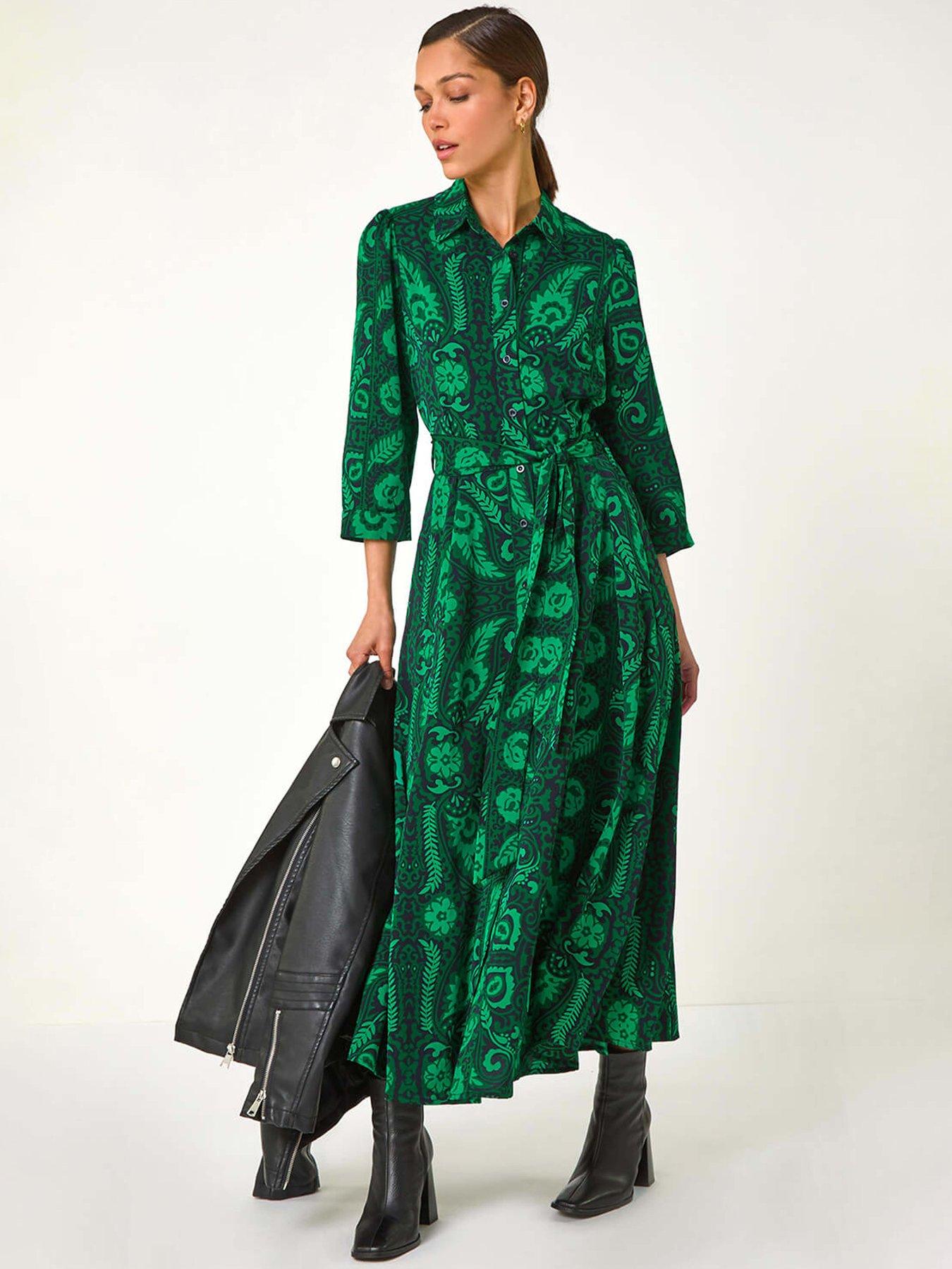 Roman Floral Leaf Print Midi Shirt Dress - Green | Very