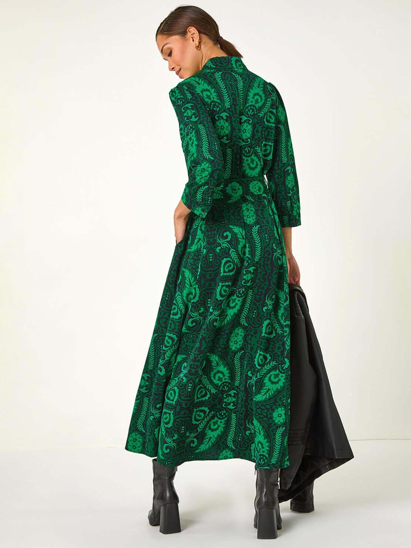 Roman Floral Leaf Print Midi Shirt Dress - Green | Very