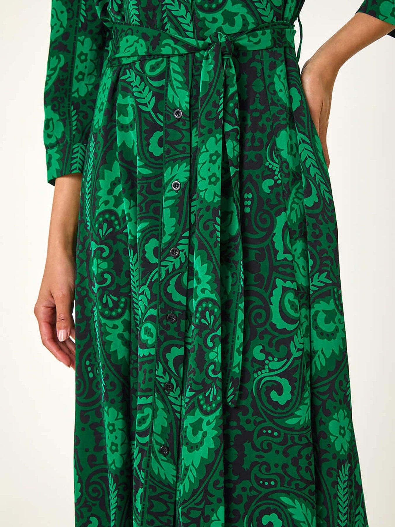 Roman Floral Leaf Print Midi Shirt Dress - Green | Very